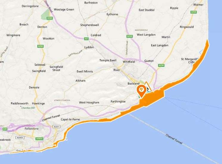 A flood alert has been issued for a stretch of the coast near Dover