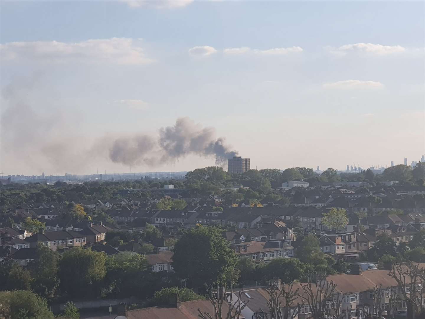 A blaze at a warehouse in Barking, east London, viewed from Romford (Sarah O’Shea/PA)