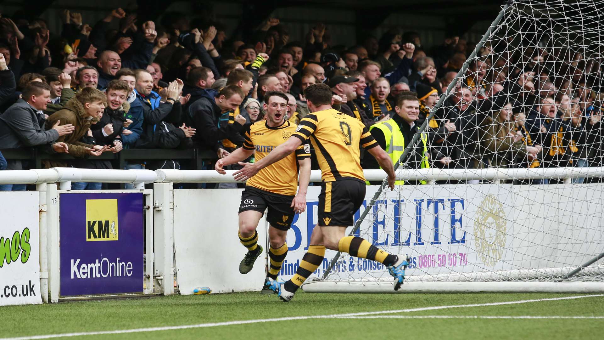 Maidstone right-back Callum Driver celebrates his equaliser with Jay May Picture: Martin Apps