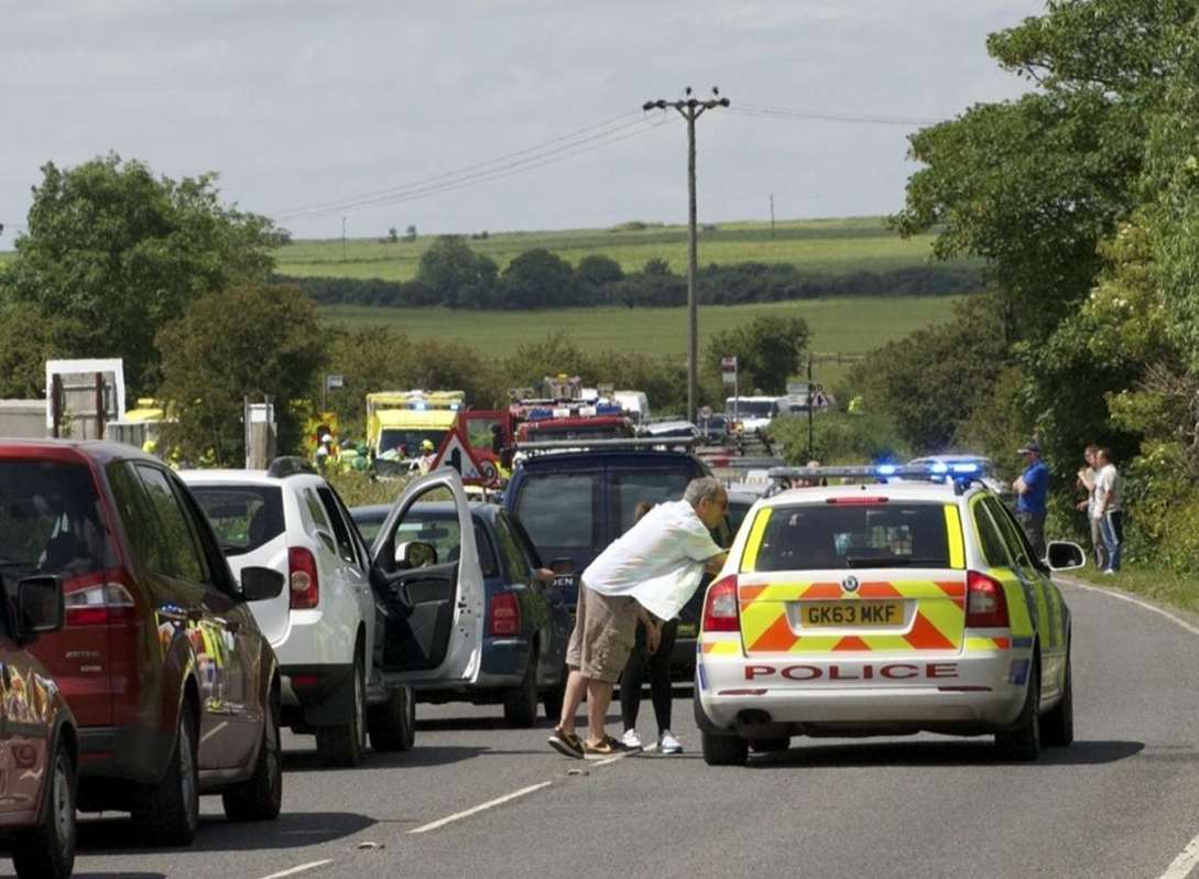 Cars waiting in Leysdown Road following the crash