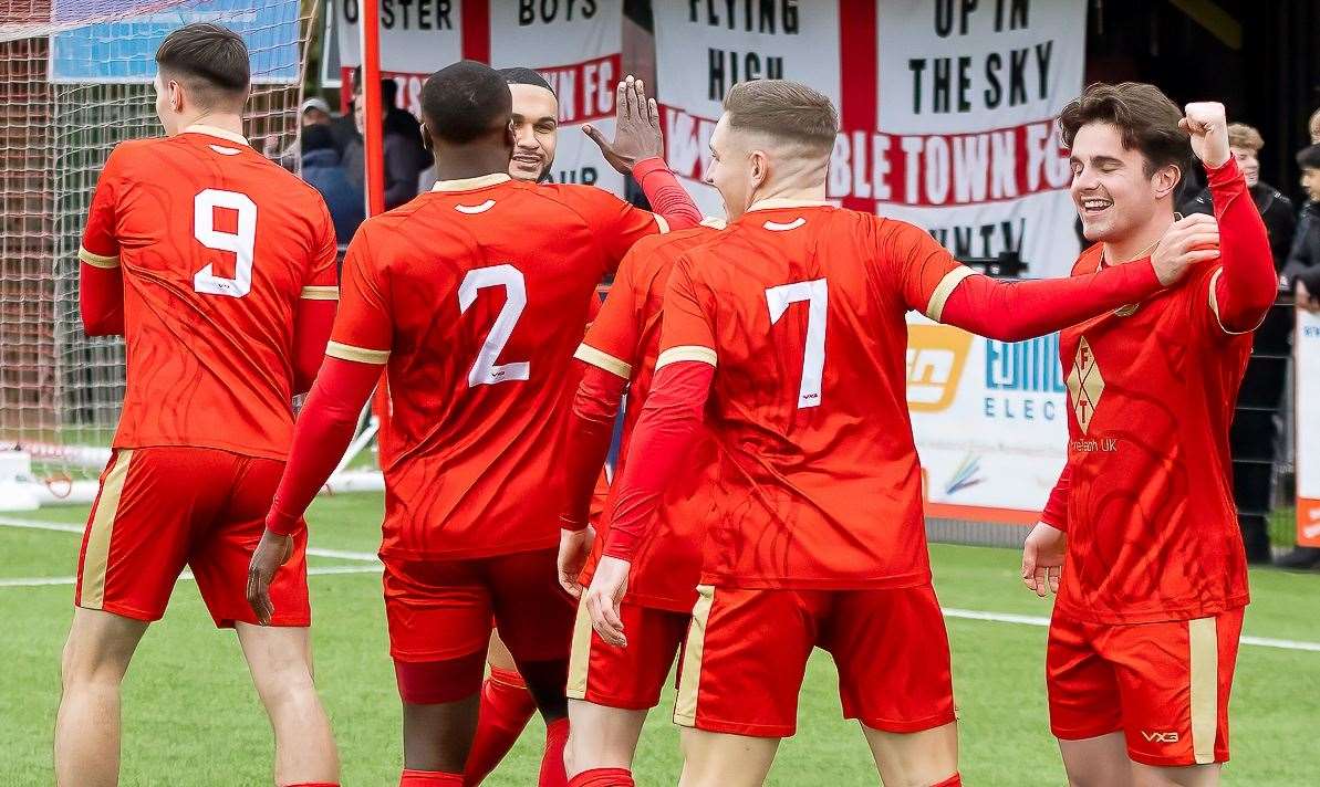 Whitstable celebrate Liam Gillies’ early goal in their 2-0 weekend win. Picture: Les Biggs