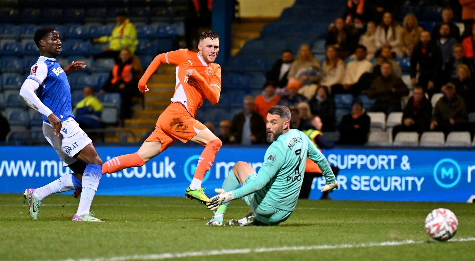 Sonny Carey makes it 2-0 to Blackpool on Saturday. Picture: Keith Gillard