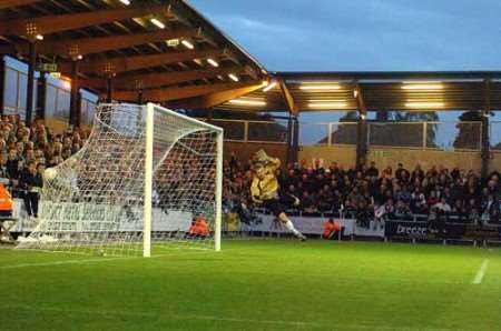 Dartford make it 3-1 in their first game at Princes Park. Picture: STEVE CRISPE