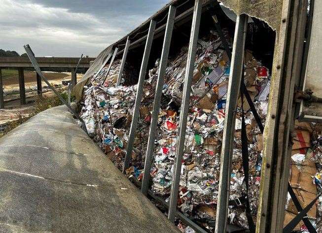 Close-up of the overturned lorry. Picture: National Highways