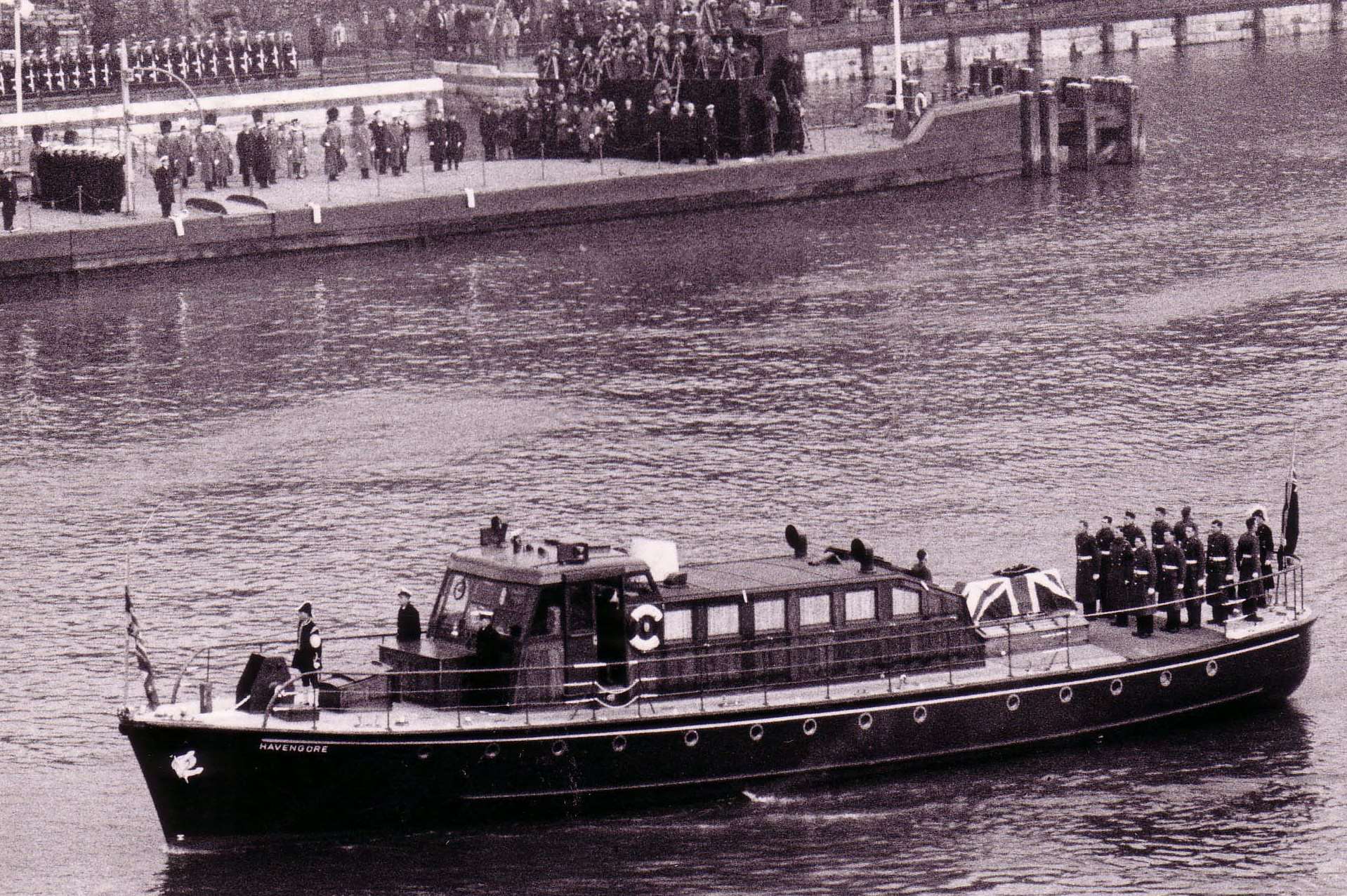The coffin of Sir Winston Churchill draped with the Union Flag on Havengore's deck in 1965