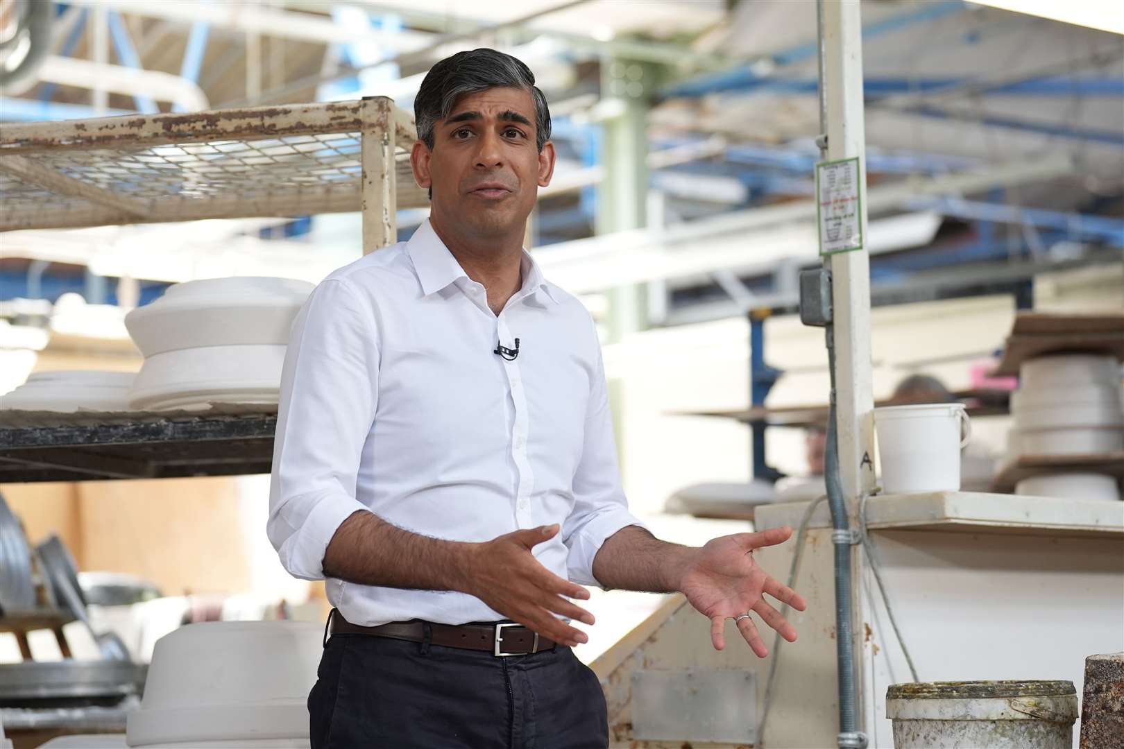 Prime Minister Rishi Sunak on a campaign visit to Denby Pottery Factory, Ripley (Joe Giddens/PA)