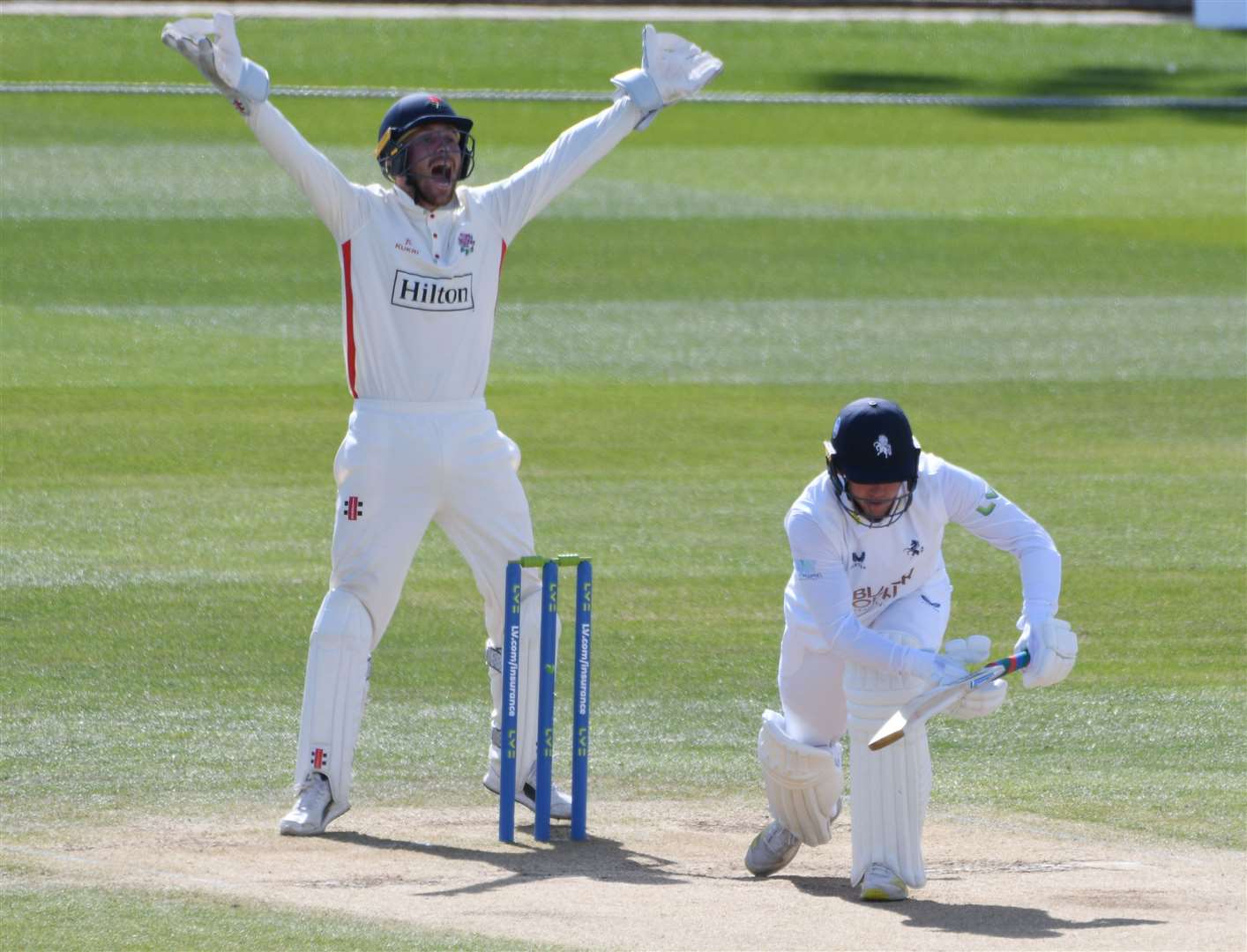 Kent's Matt Milnes is trapped lbw to Matt Parkinson for eight. Picture: Barry Goodwin