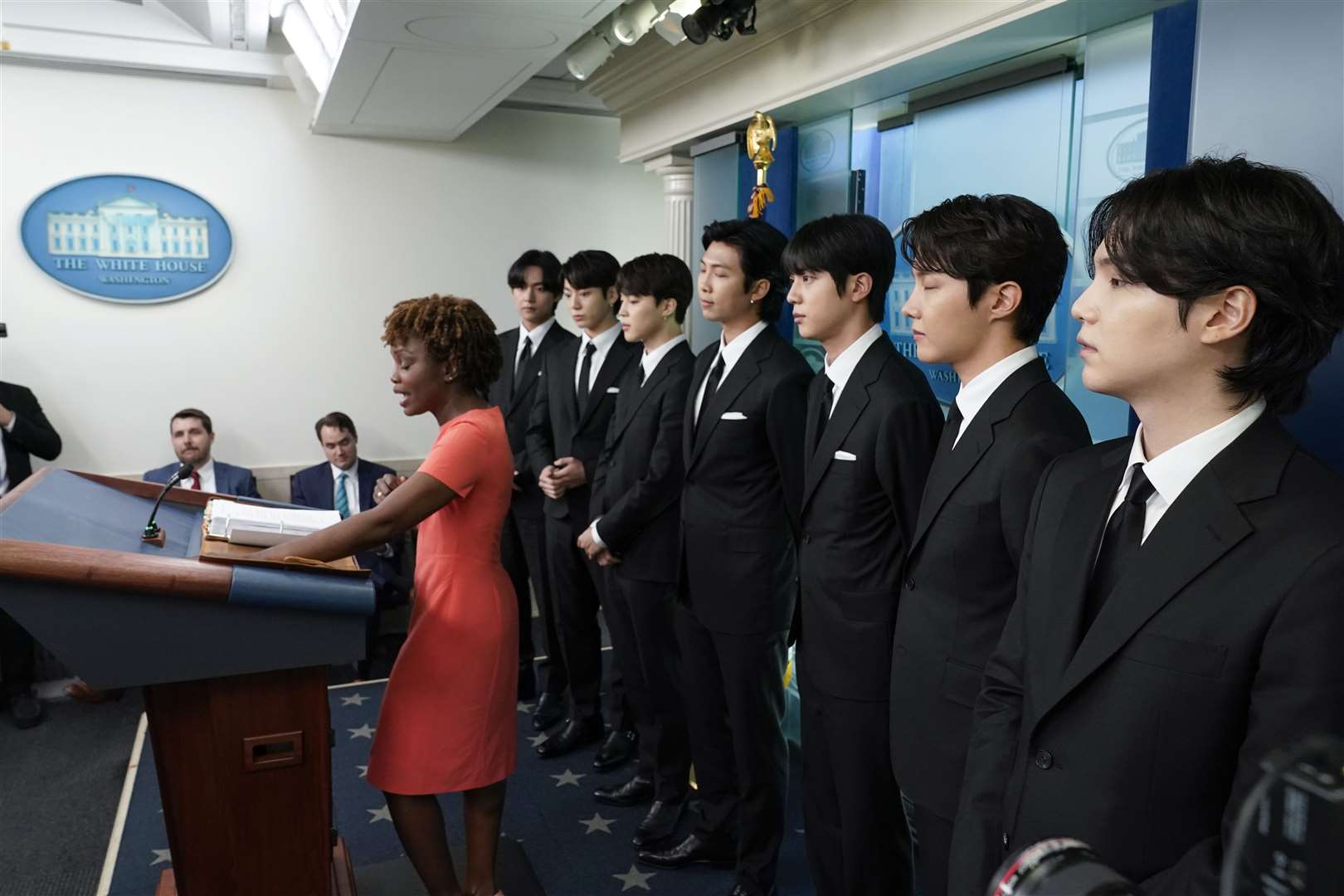 The music megastars joined Press Secretary Karine Jean-Pierre and each gave short statements in their native Korean, assisted by an interpreter (Andrew Harnik/AP)