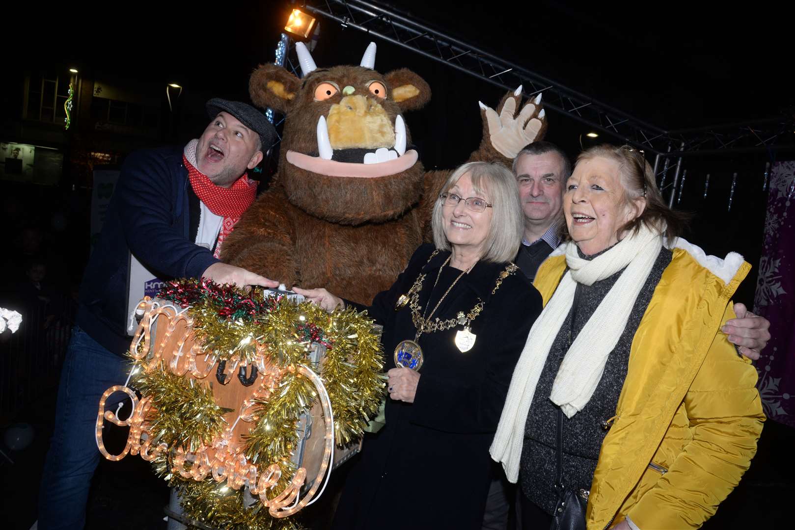 Kmfm's Garry Wilson, The Gruffalo, Mayor of Medway Cllr Jan Aldous with Cllrs Richard Thorne and Jane Chitty switch on the Christmas Lights in Strood. Picture: Chris Davey