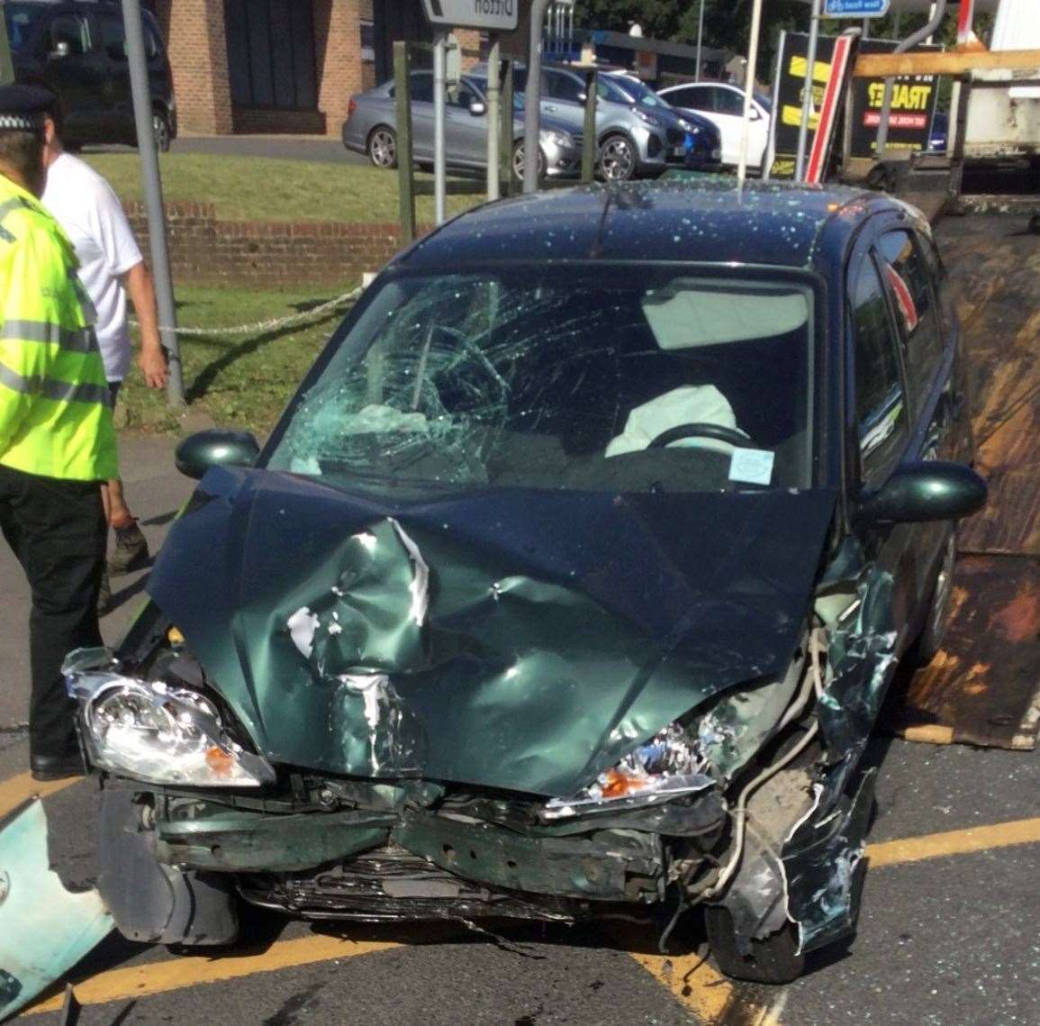 The wreckage of one of the cars involved in the accident at Larkfield