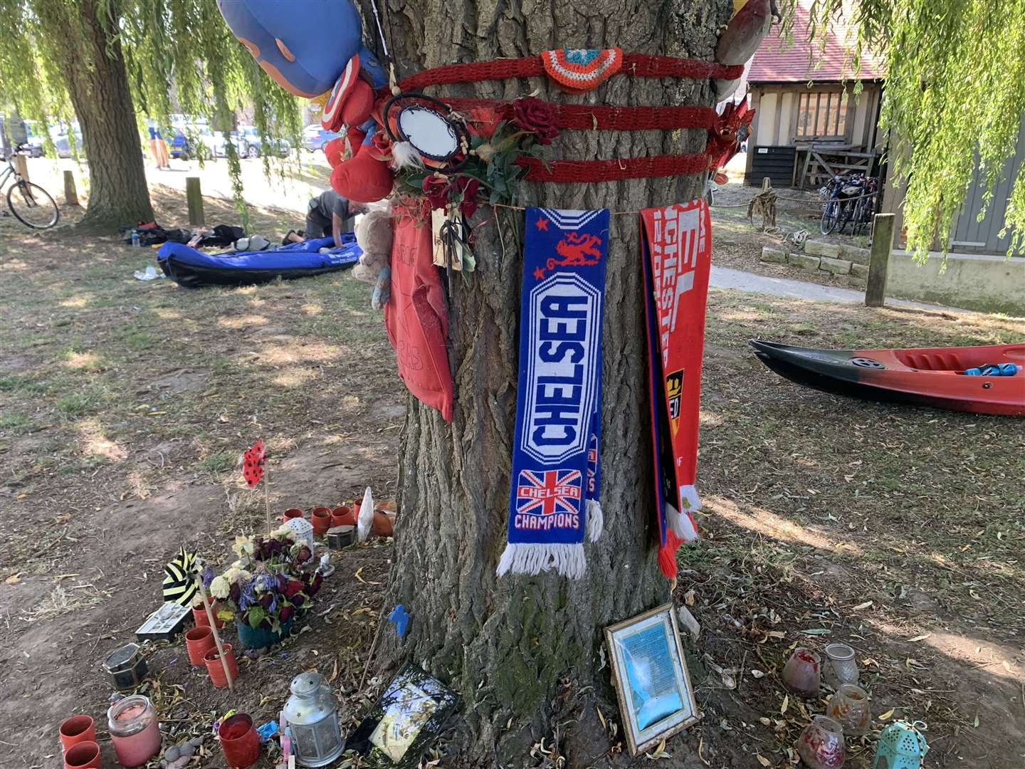 Tributes to Lucas Dobson at a tree on the riverbank at Sandwich Quay, pictured last week