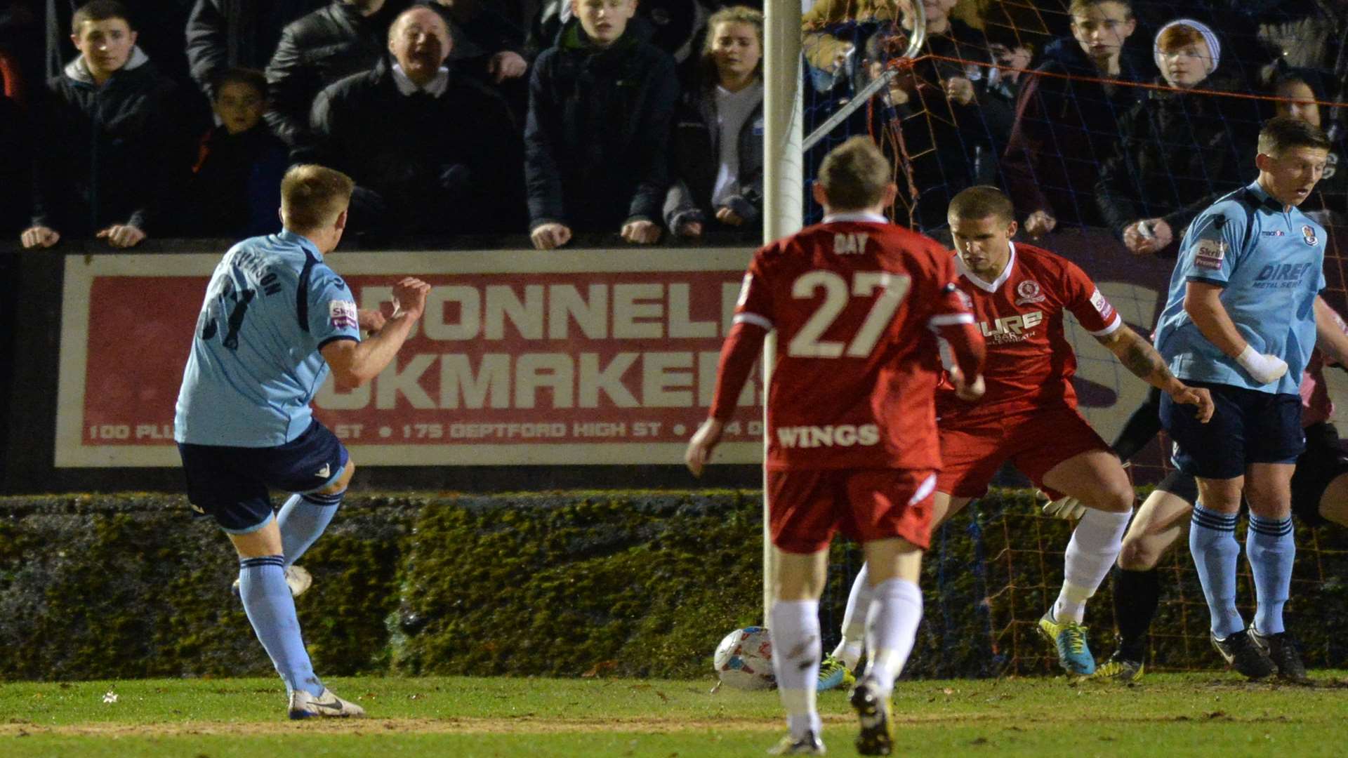 Jim Stevenson puts Dartford ahead at Welling Picture: Keith Gillard