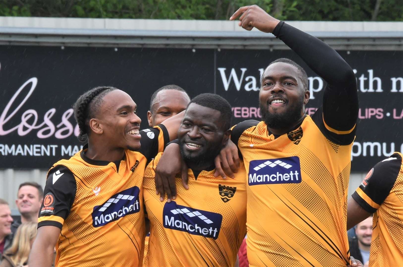 George Elokobi celebrates with TT Walters, Gavin Hoyte and Jerome Binnom-Williams after scoring against Hampton Picture: Steve Terrell