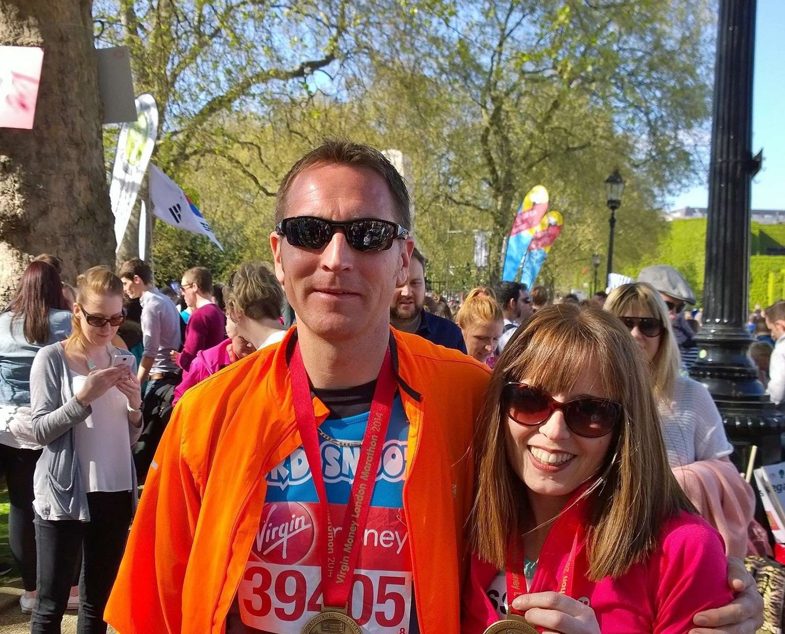 Janet Murray with running partner Neil Souten after last year's marathon