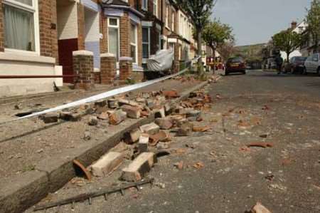 Rubble on a Folkestone street on Saturday. Picture: PAUL DENNIS