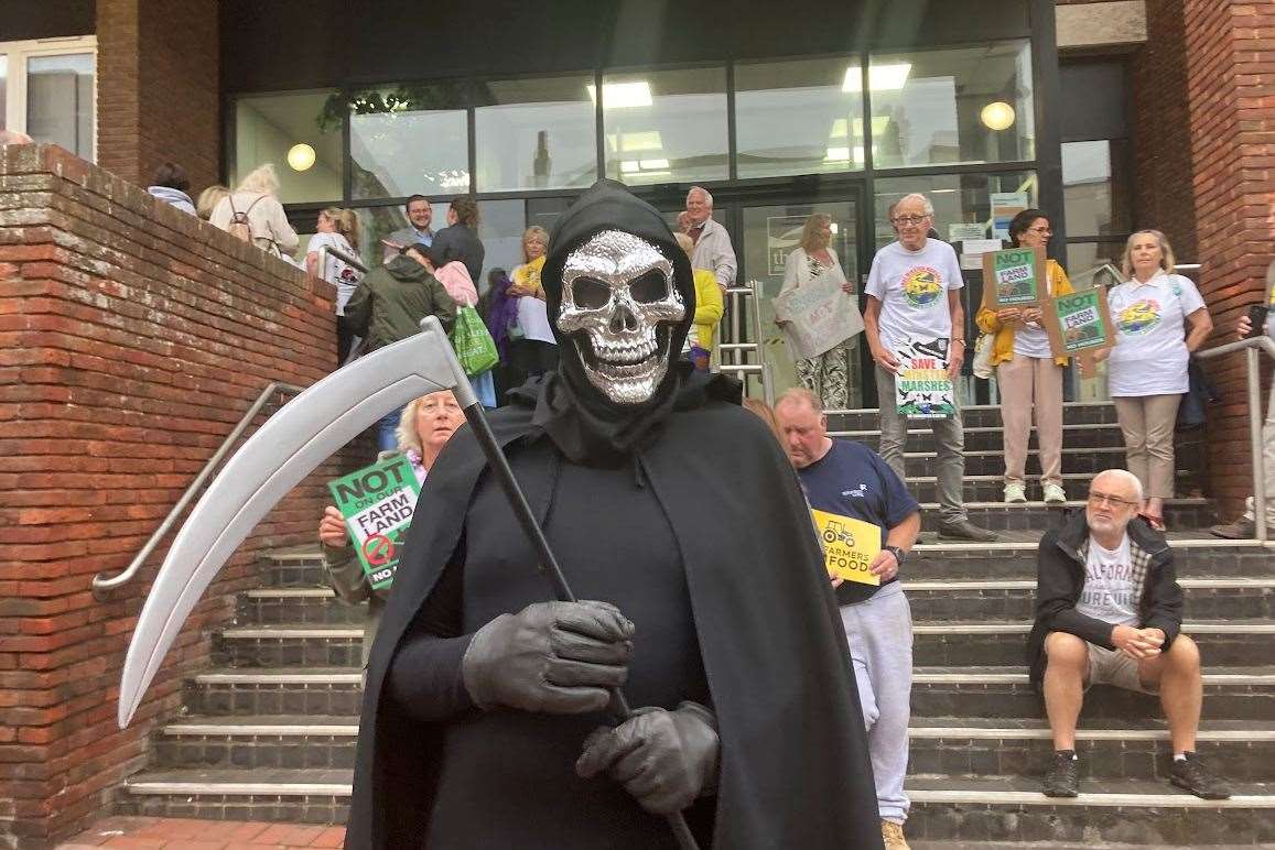 Local campaigner John Repsch attended the meeting dressed as the Grim Reaper