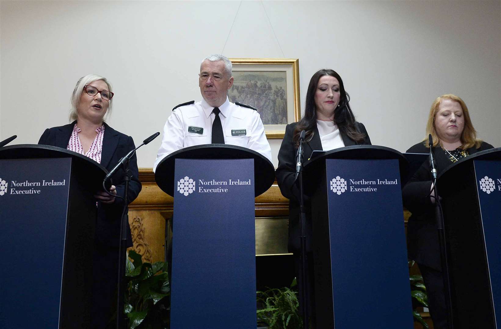 First Minister of Northern Ireland Michelle O’Neill, PSNI Chief Constable Jon Boucher, Deputy First Minister Emma Little-Pengelly and Alliance Party leader Naomi Long (Mark Marlow/PA)