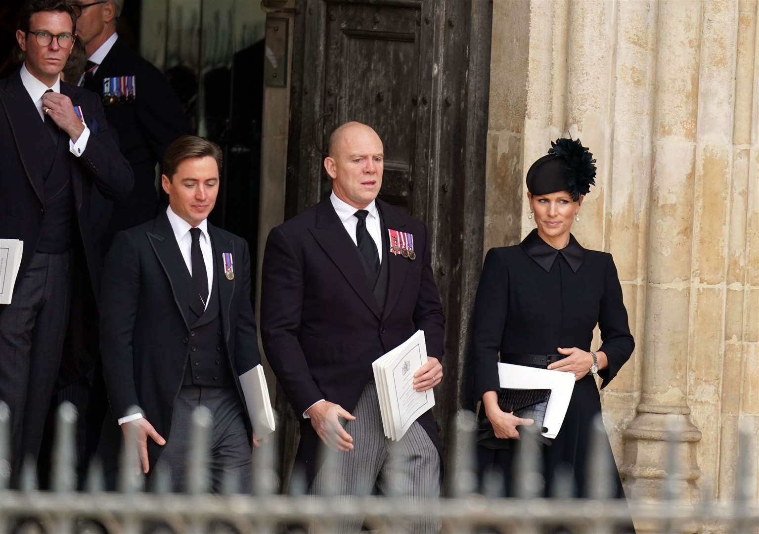 Zara Tindall (right), Mike Tindall (centre) and Edoardo Mapelli Mozzi, the husband of Princess Beatrice, following the Queen’s State Funeral (Andrew Milligan/PA)