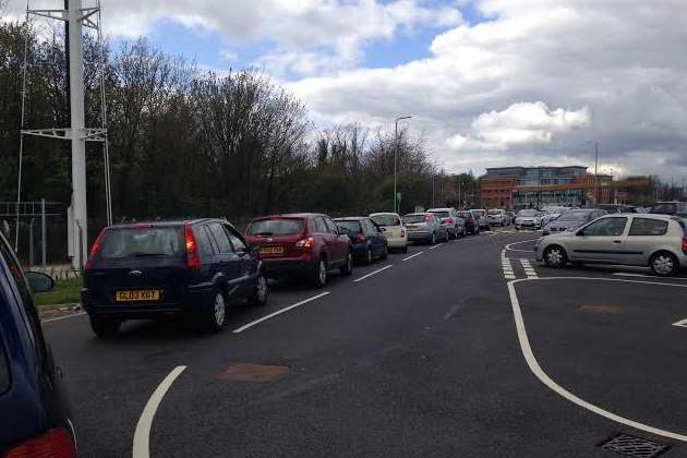 Traffic queueing at the Asda car park as a result of the crash