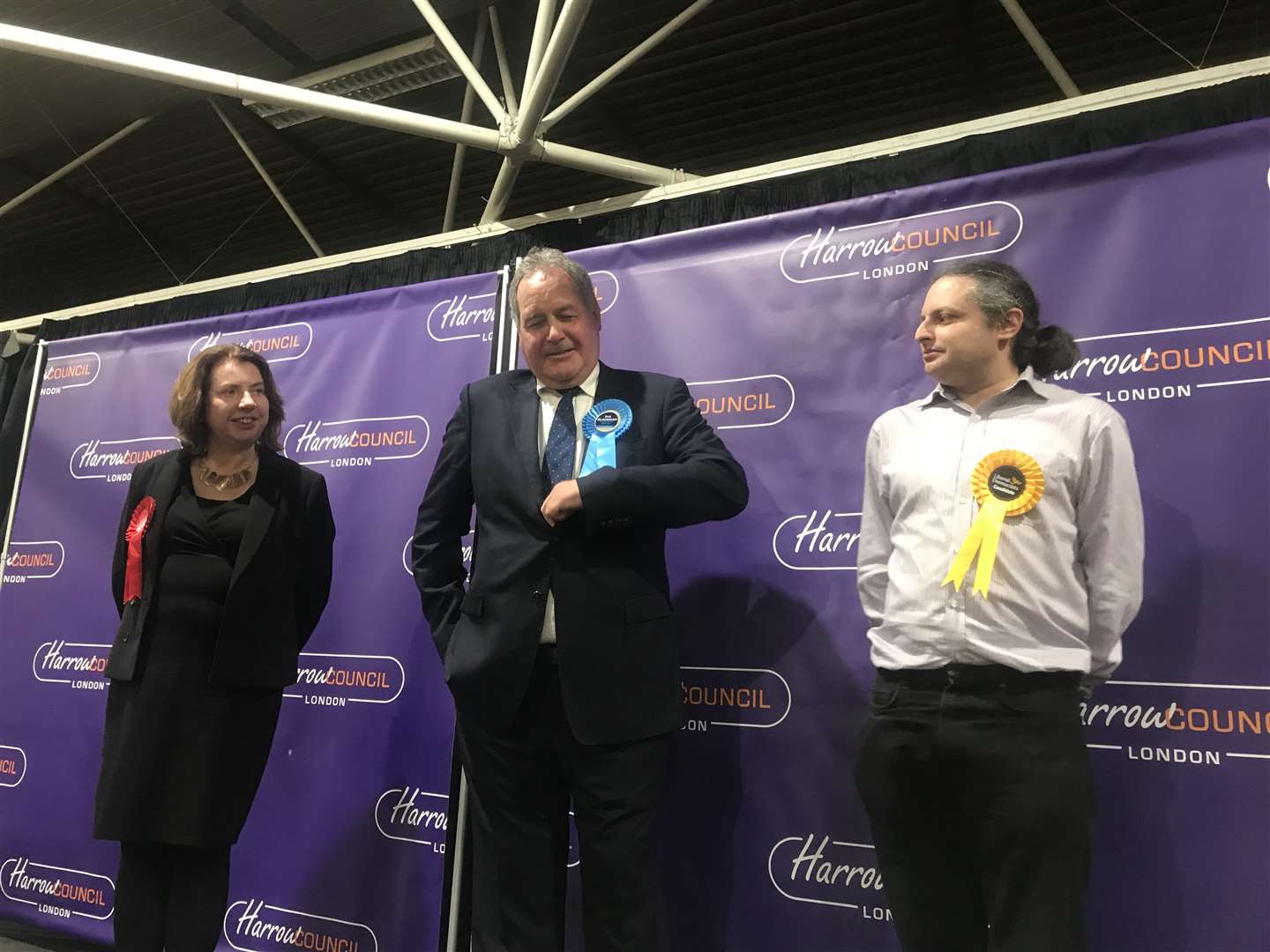 Bob Blackman (centre) celebrates as he wins the Harrow East seat during the 2019 election (Dominica Sanda/PA)