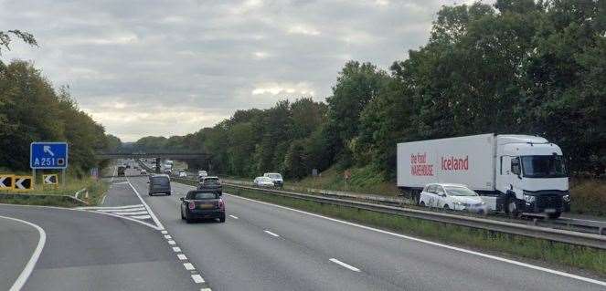 Traffic on coastbound M2 between Junction 4 for the A278 in Gillingham and Junction 5 for the Stockbury Roundabout near Sittingbourne was held following a crash. Picture: Google Maps