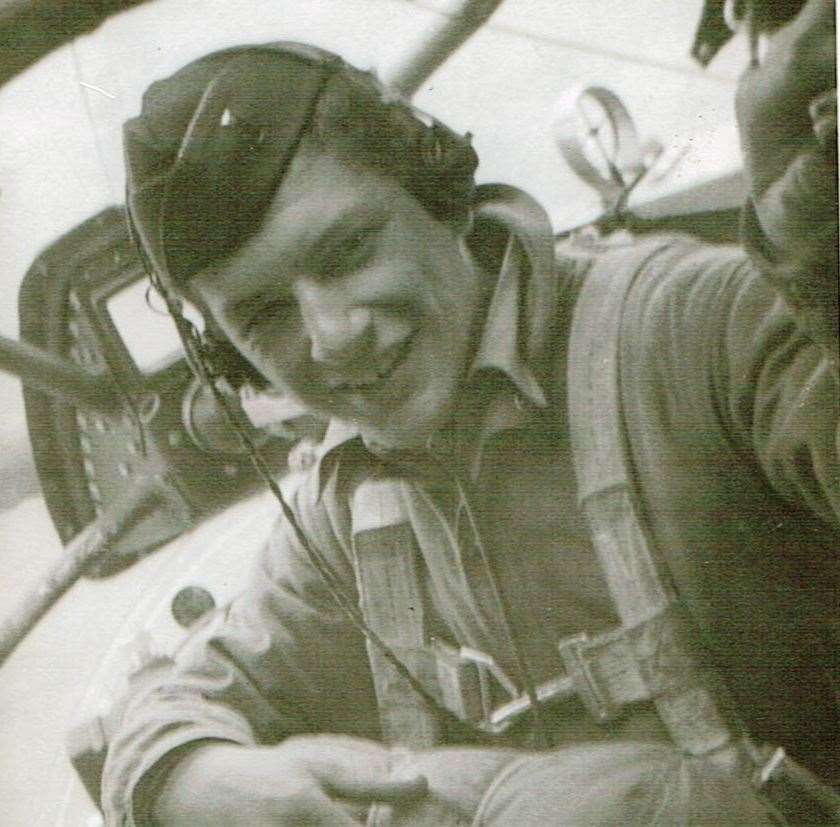 2nd Lieutenant Theodore "Teddy" Chronopolis, 44/6133's Bombardier, at his position in the nose of his B 17 whilst flying at 20,000 feet. He was the sole survivor of 44/6133's crew. Picture: Jeanne Cronis-Campbell. (12838420)