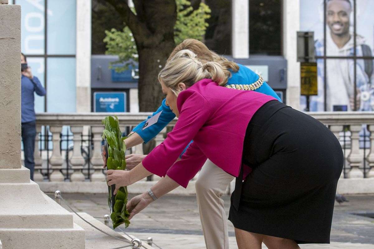 Belfast Lord Mayor Tina Black and Sinn Fein vice president Michelle O’Neill lay a wreath at the Cenotaph in Donegall Square West in Belfast to mark the anniversary of the first day of the Battle of the Somme in 1916 (Liam McBurney/PA)