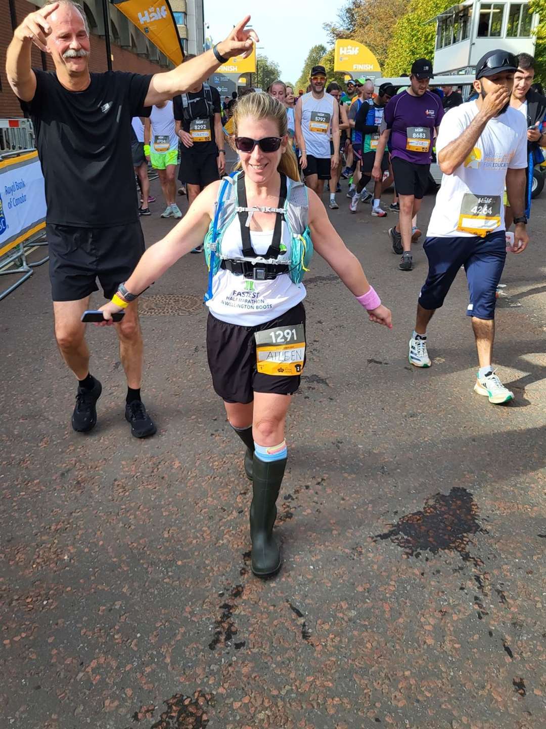 Aileen Raynos after completing the Royal Parks Half Marathon in wellies (The PHA Group/PA)