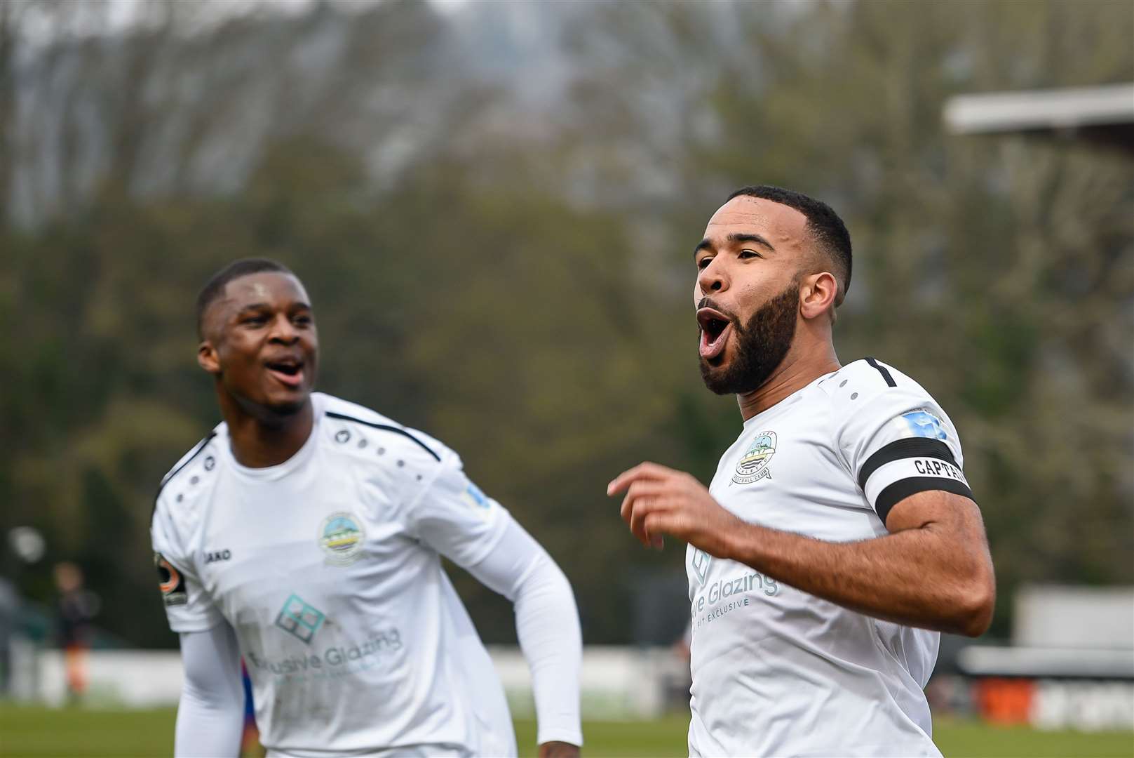 Captain Kevin Lokko celebrates a goal for Dover Athletic against Aldershot in the National League Picture: Alan Langley