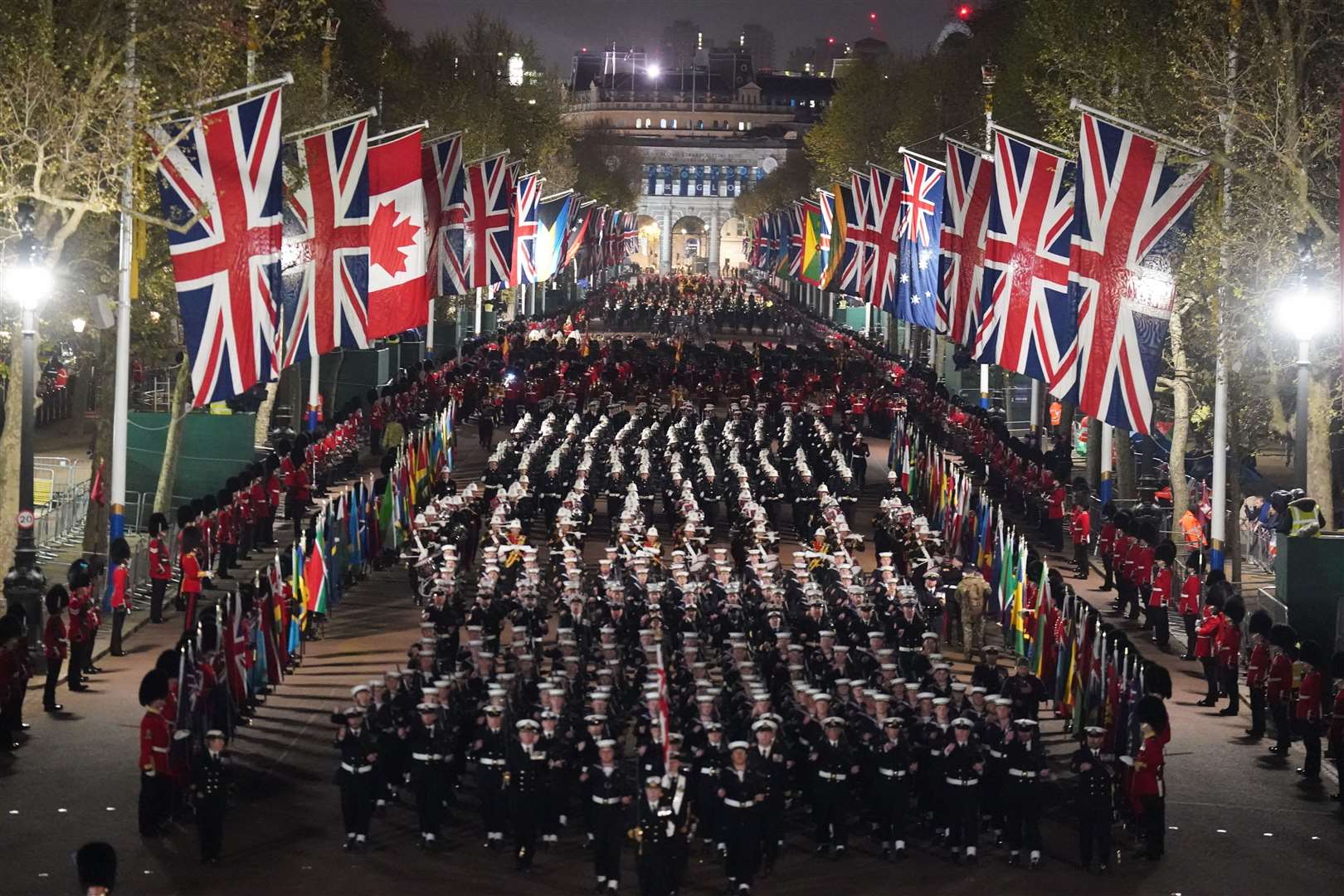 Hundreds of soldiers from the military, navy and RAF marched through central London before stopping along Whitehall and standing in silence (James Manning/PA)