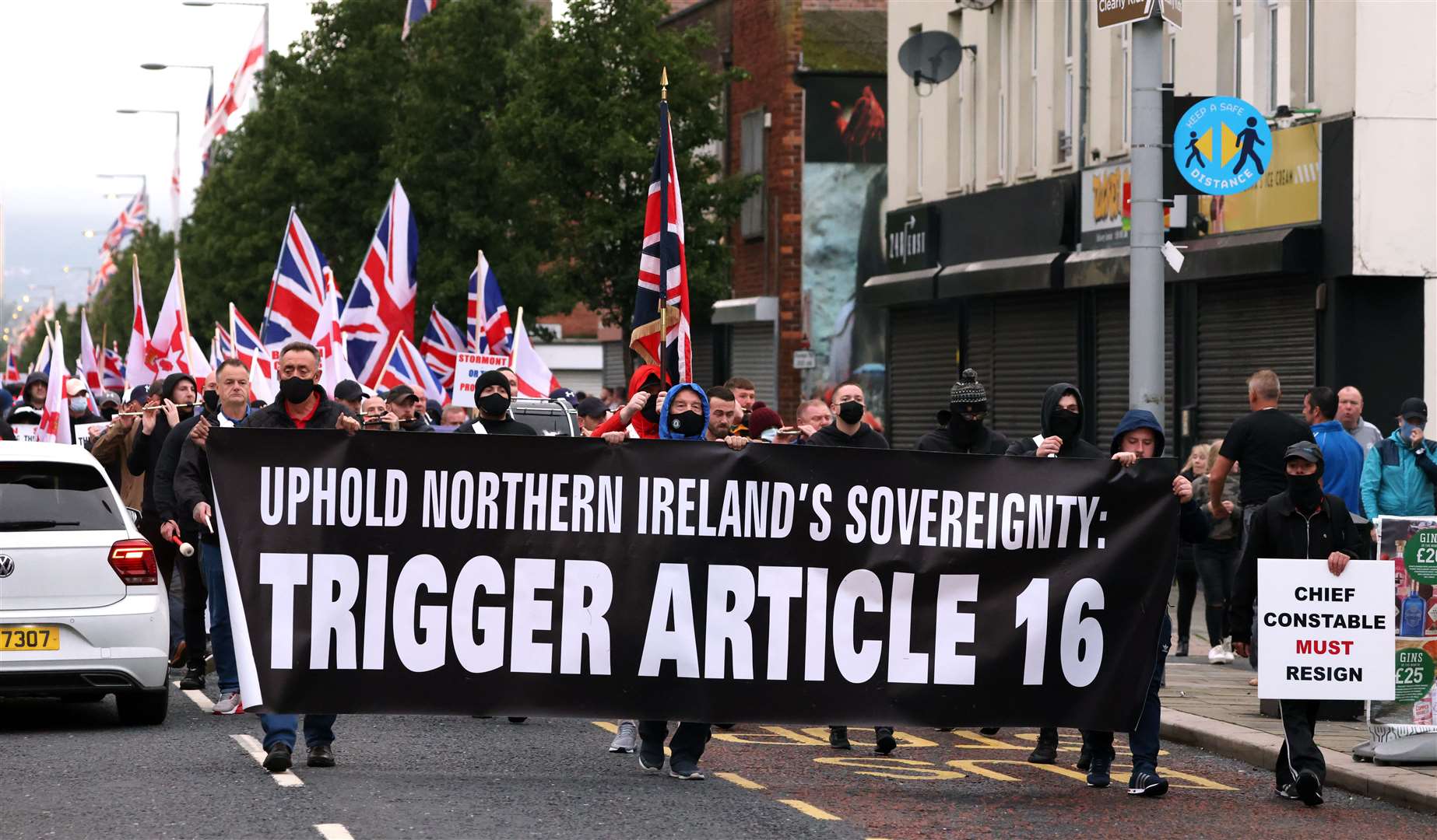 Loyalists during a rally against the Northern Ireland Protocol in Newtownards Road, Belfast (Peter Morrison/PA)