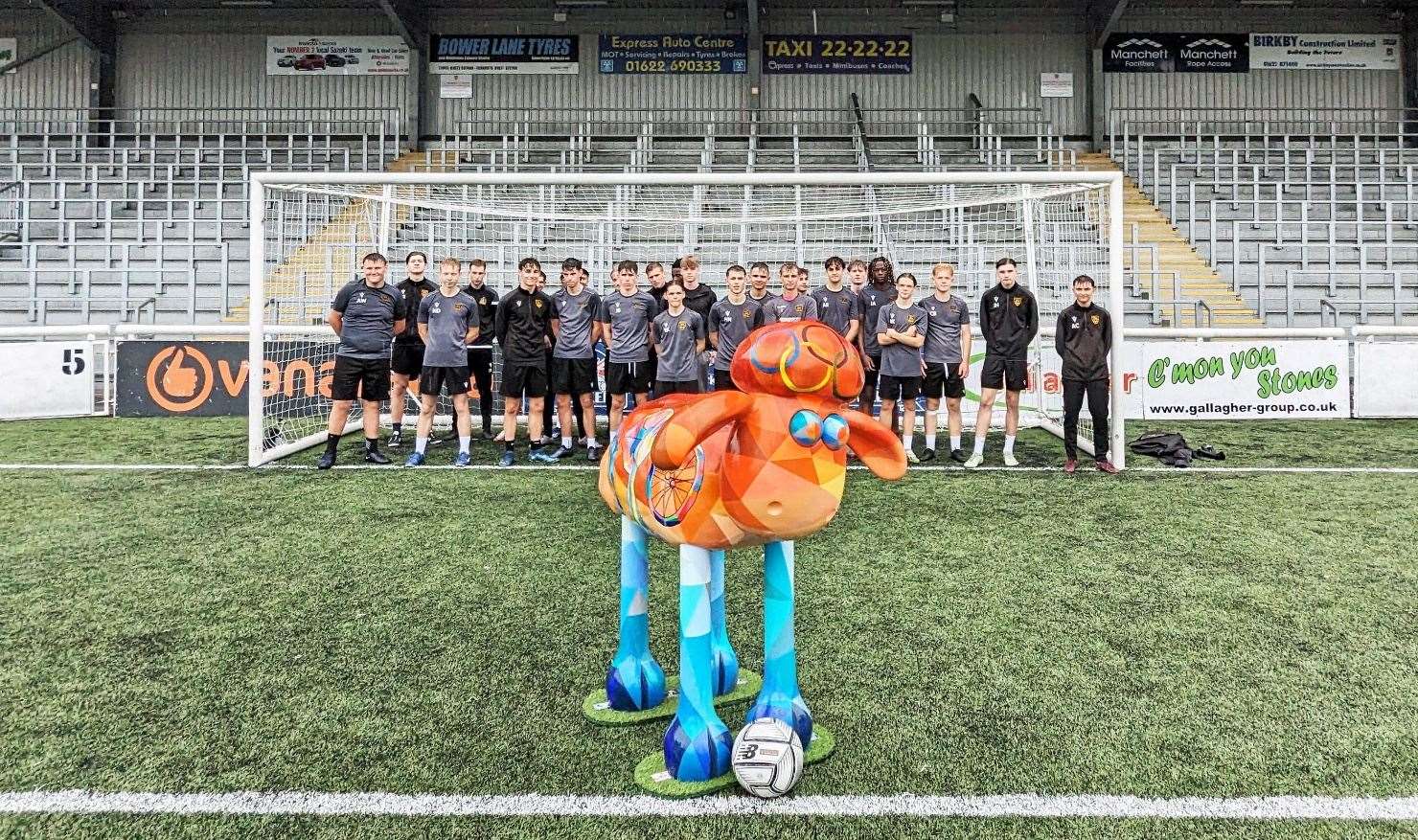 The sports-themed ‘Roaming Shaun’ sculpture was revealed at Maidstone United’s football stadium earlier this month. Picture: Supplied by Pennington PR