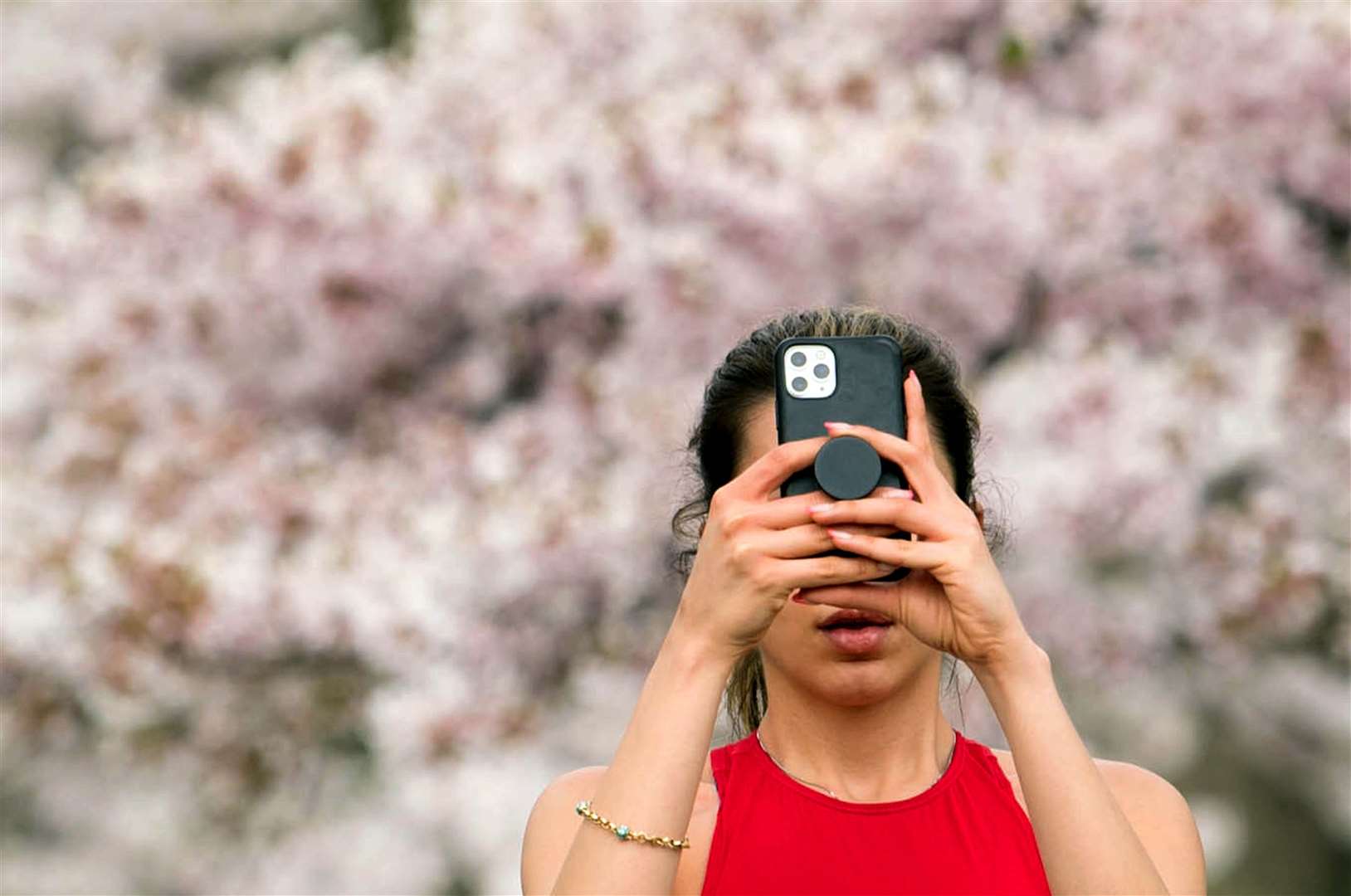 Visitors to Battersea Park in south London photograph blossom on the trees (Stefan Rousseau/PA)