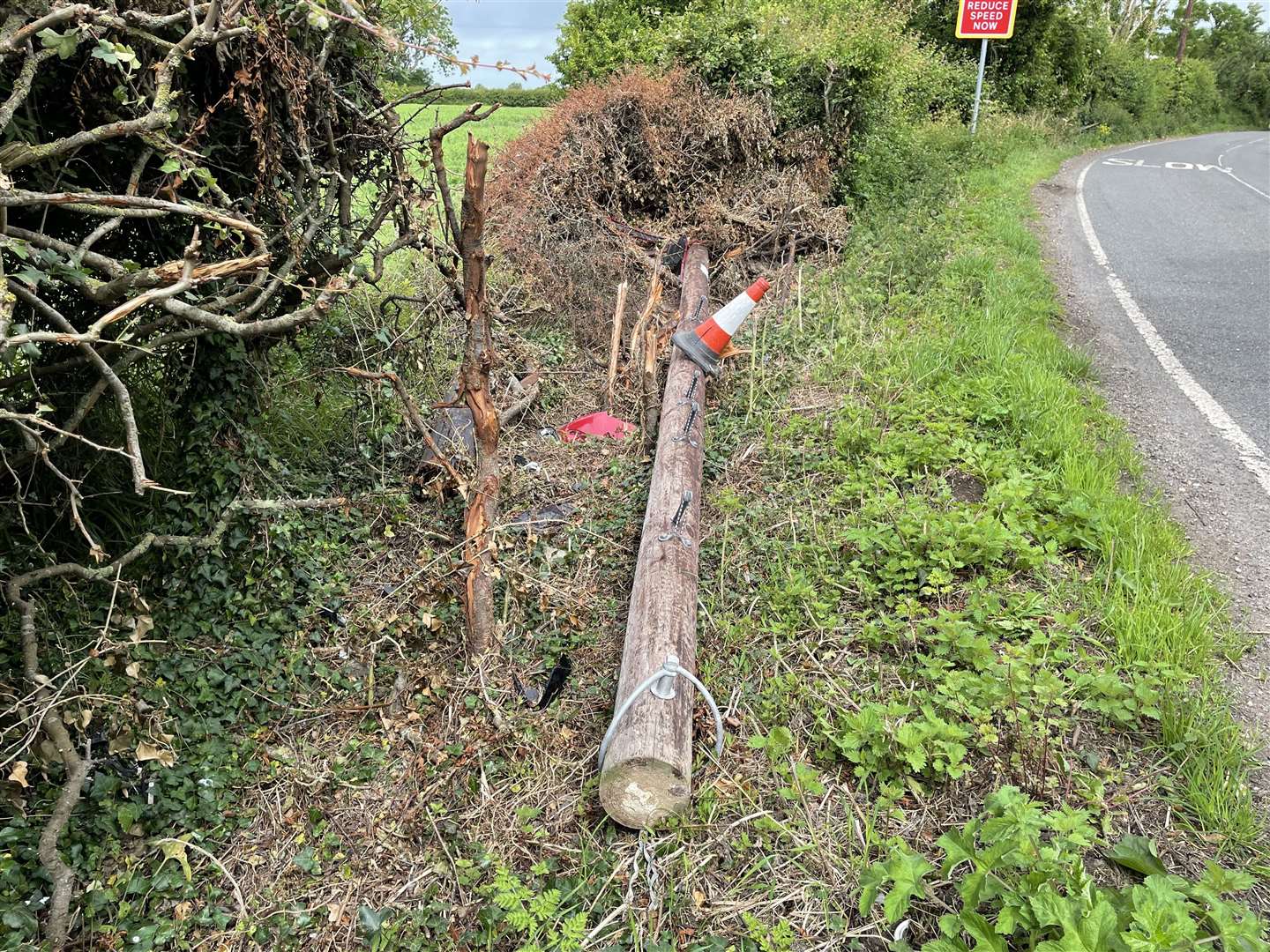 The pole is still lying in the ditch three weeks later