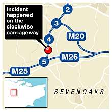 The car overturned between junctions four and five on the clockwise stretch of the M25. Graphic: Ashley Austen
