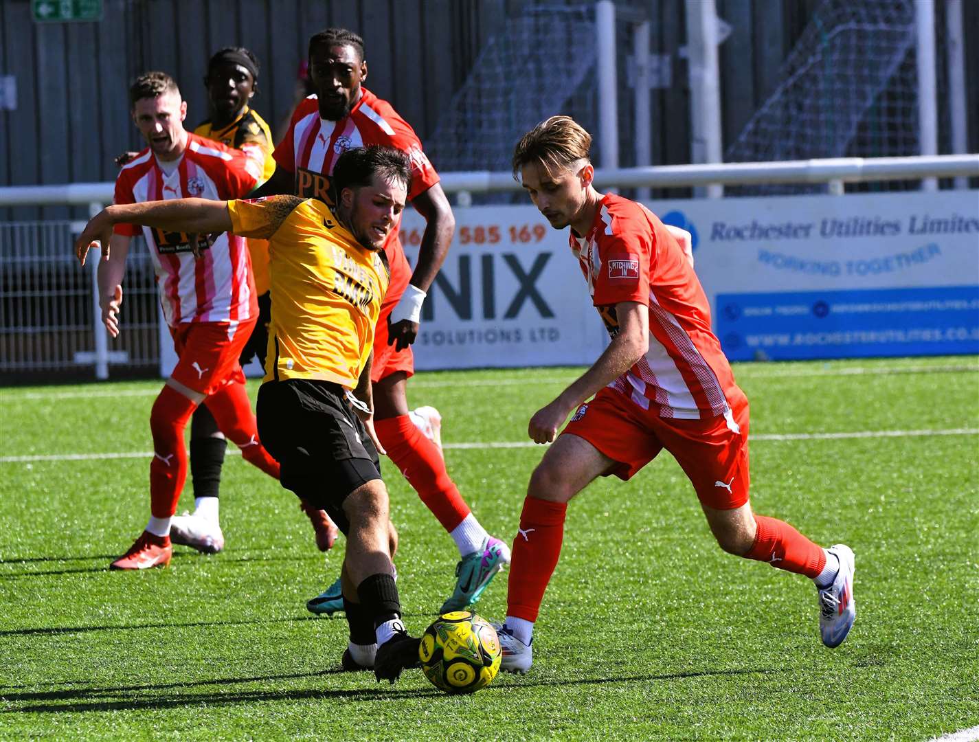 Action from Sheppey’s 2-1 win at Three Bridges on the opening day. Picture: Marc Richards