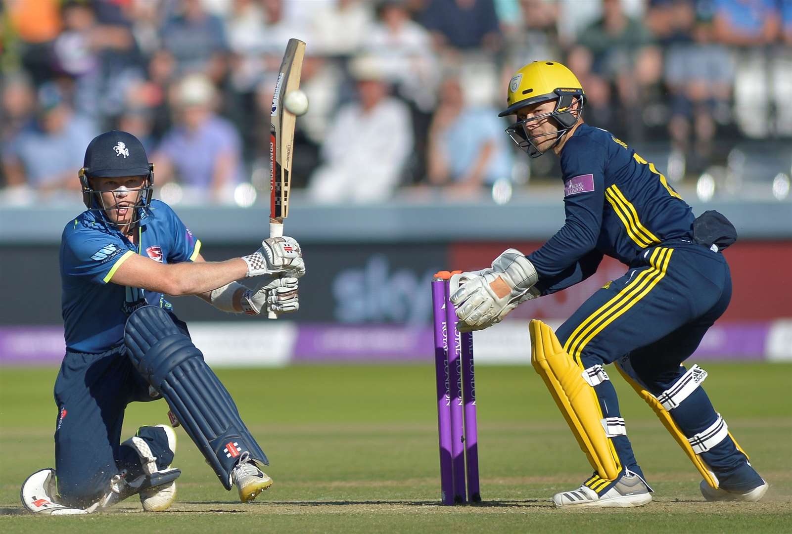Sam Billings sweeps during Kent’s Royal London Cup Final appearance at Lord’s in 2018. Picture Ady Kerry