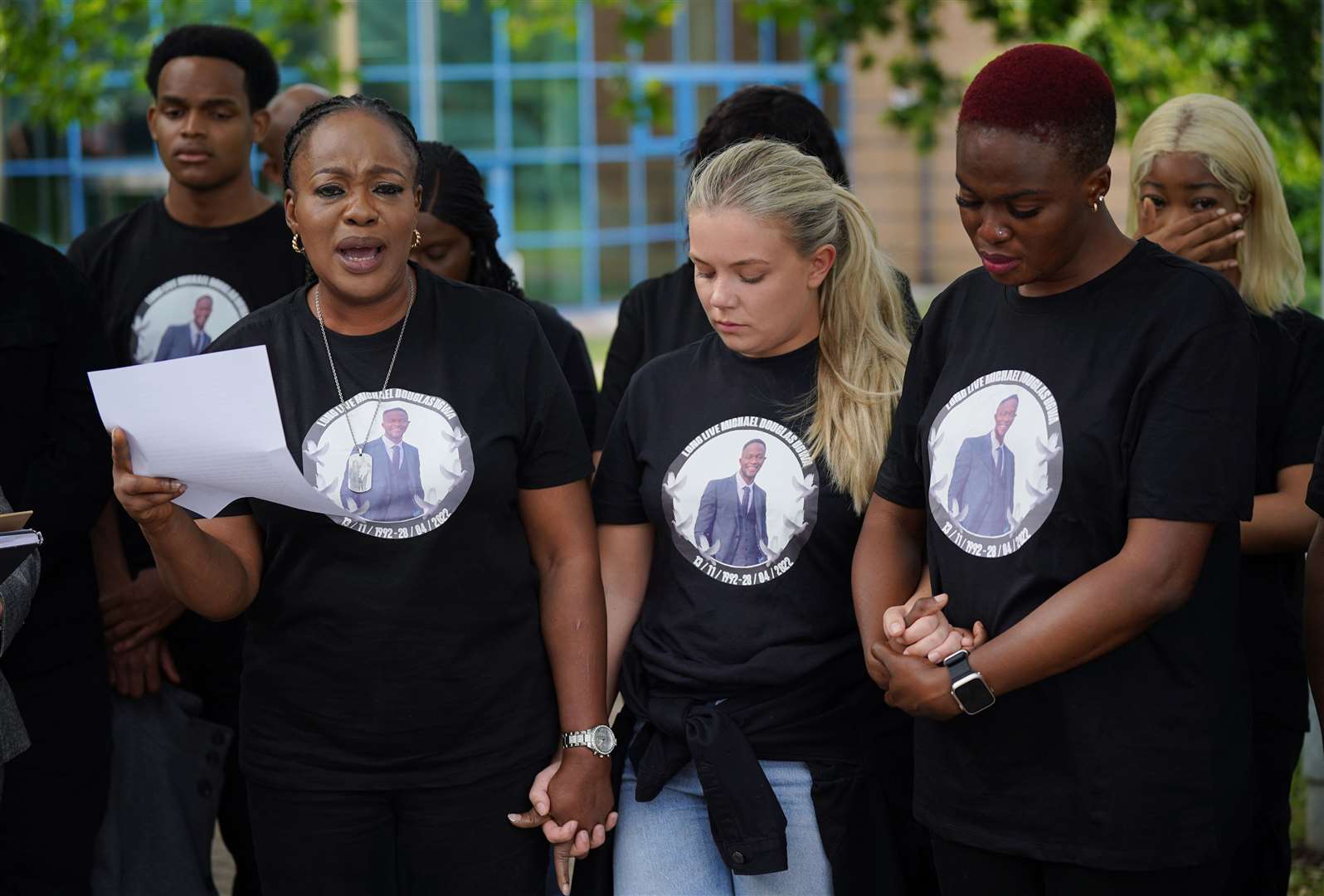 Michael Ugwa’s mother Lauretta (left) makes a statement outside court (Yui Mok/PA)