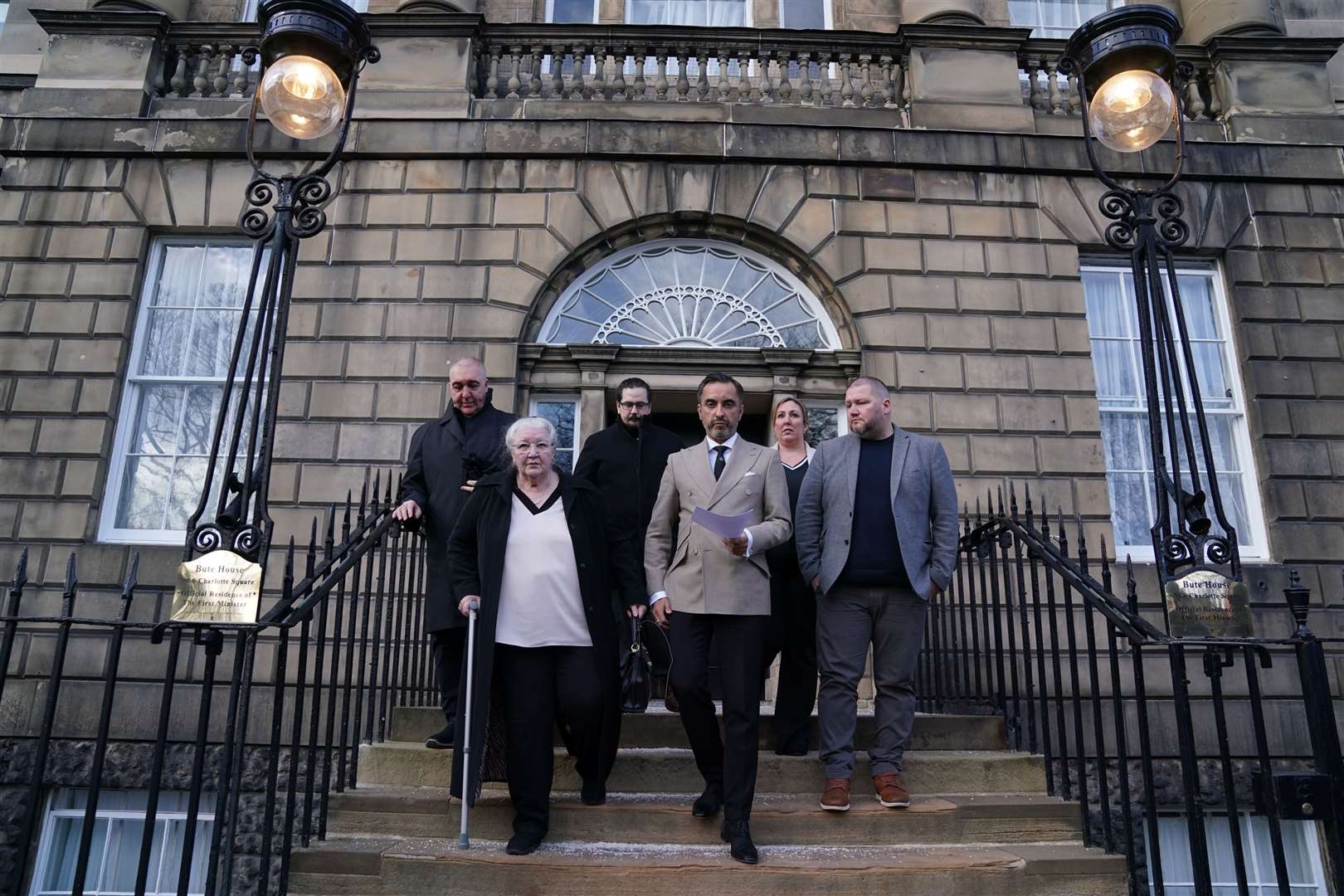 Margaret Caldwell (left), mother of murder victim Emma Caldwell and lawyer Aamer Anwar (centre) and other family members, outside Bute House (Andrew Milligan/PA)