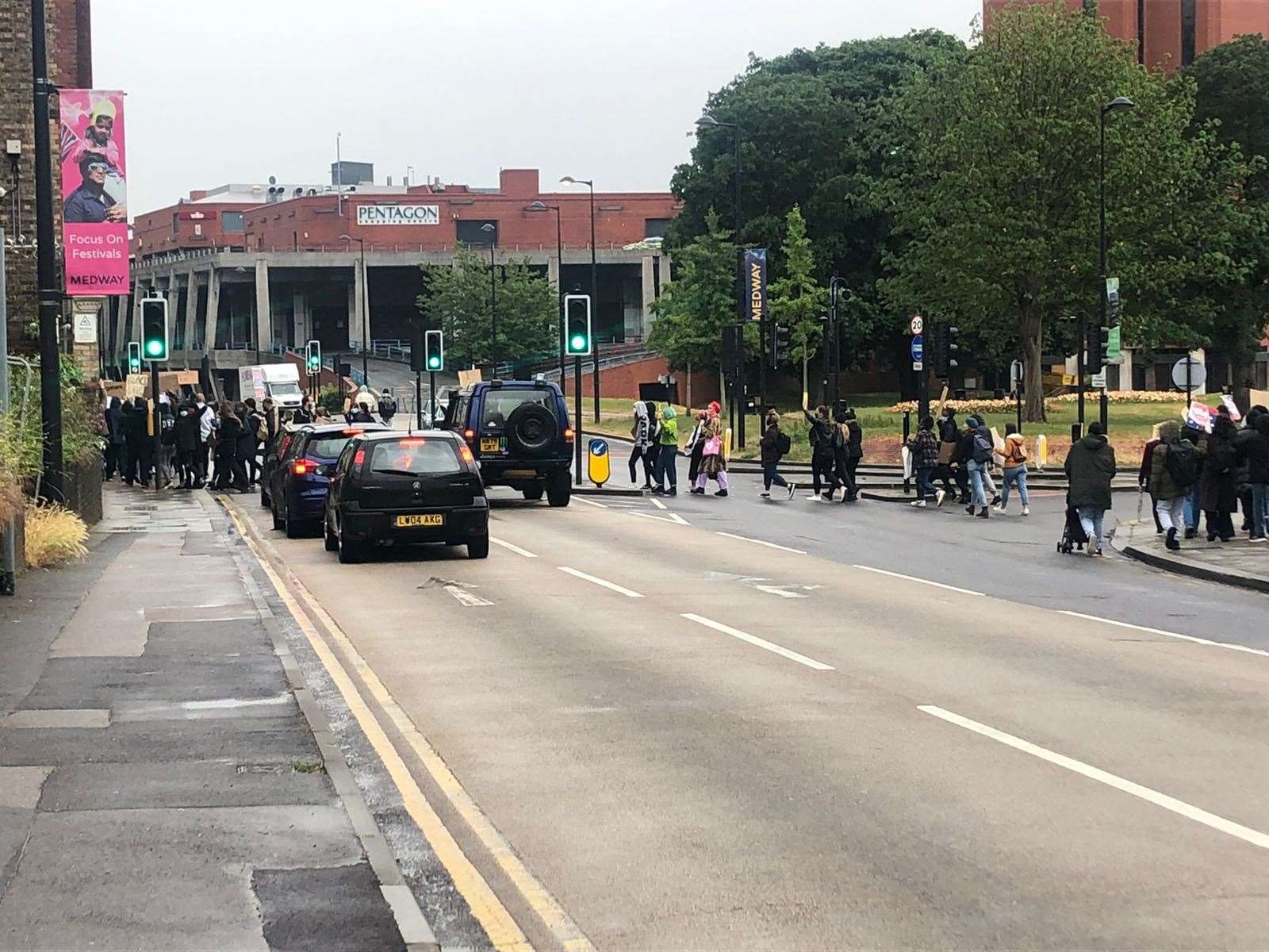 The demonstrators make their way through Chatham