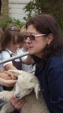 Andrea Charman with a lamb at Lydd Primary School