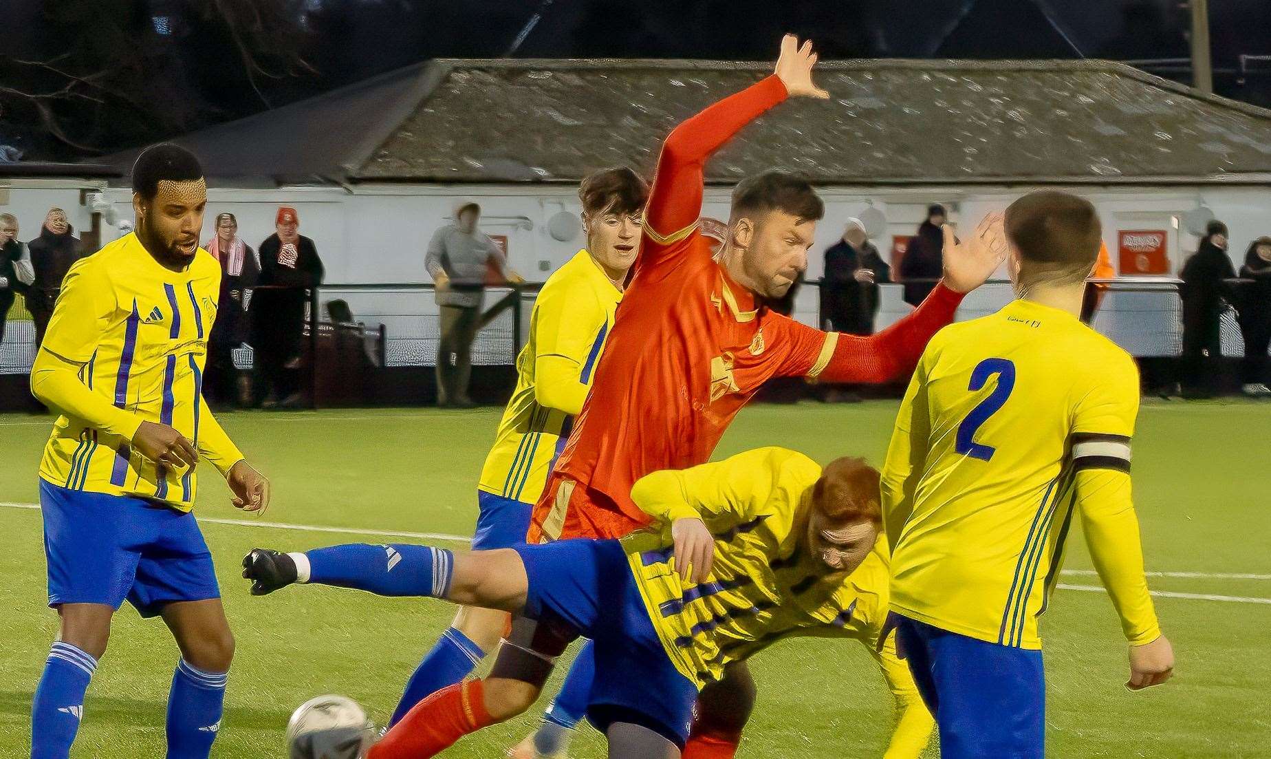 Whitstable player-manager Jamie Coyle challenges for the ball. Picture: Les Biggs