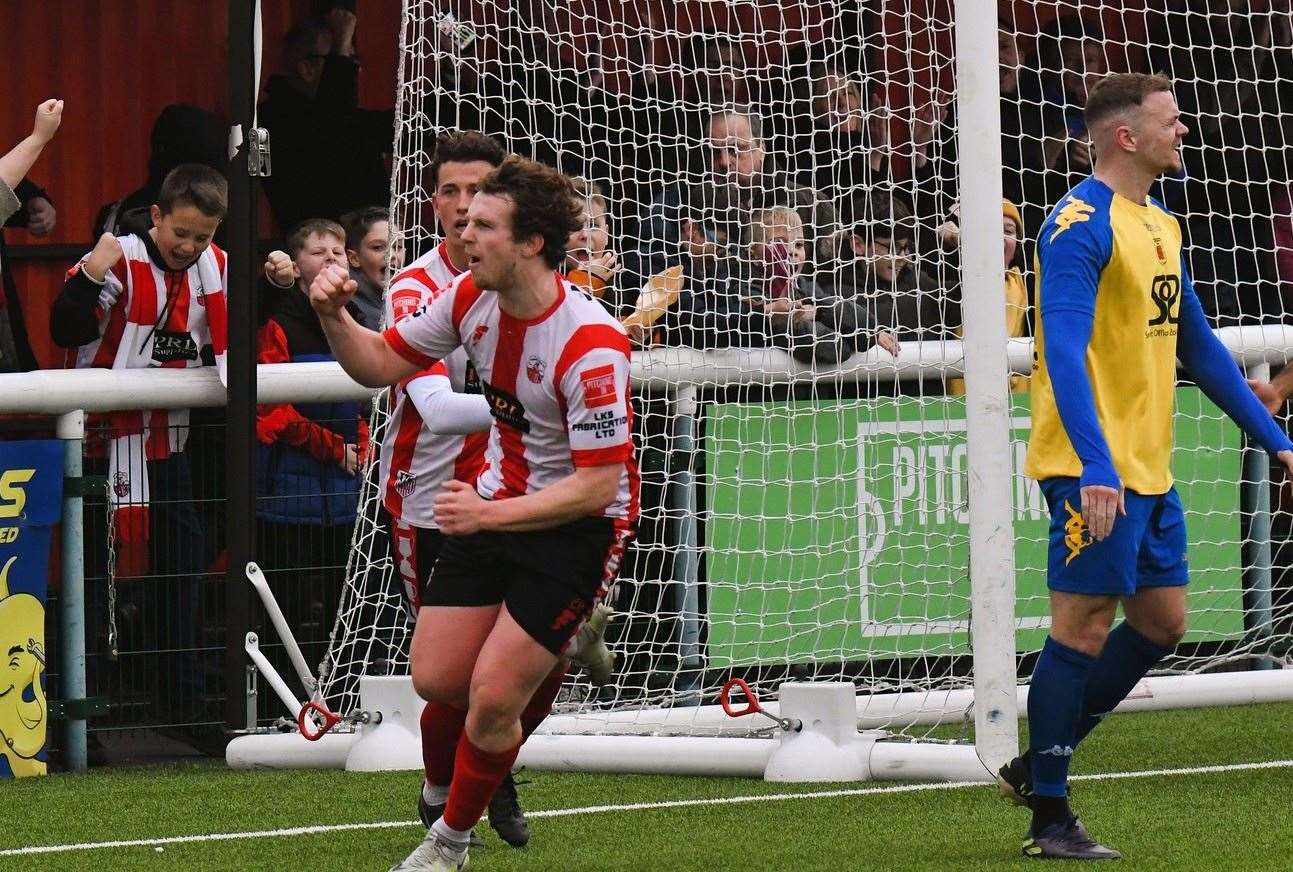 Josh Wisson celebrates after scoring Sheppey's first. Picture: Marc Richards