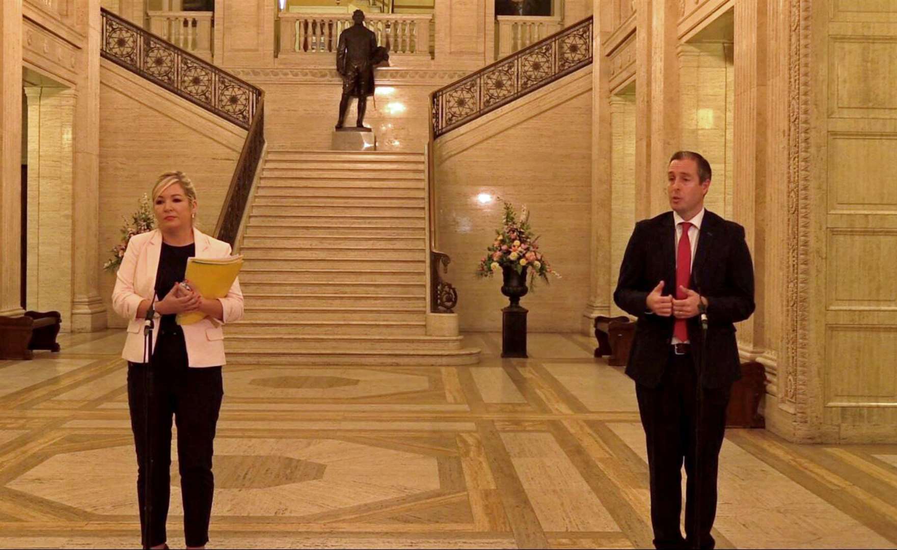 Michelle O’Neill and Paul Givan during a press conference at Parliament Buildings (David Young/PA)