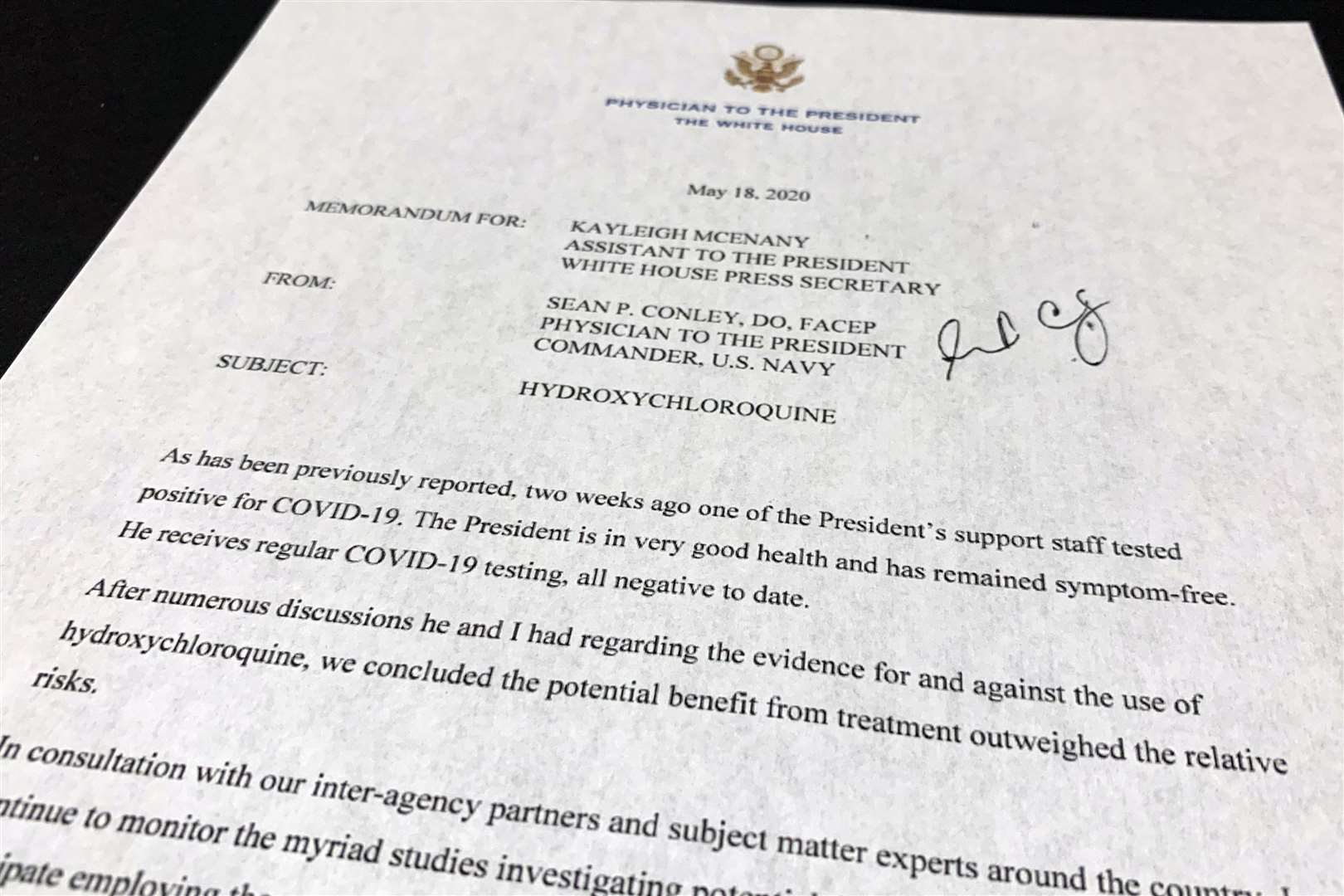 The letter from White House physician Sean Conley to White House press secretary Kayleigh McEnany about President Donald Trump taking hydroxychloroquine (Jon Elswick/PA)