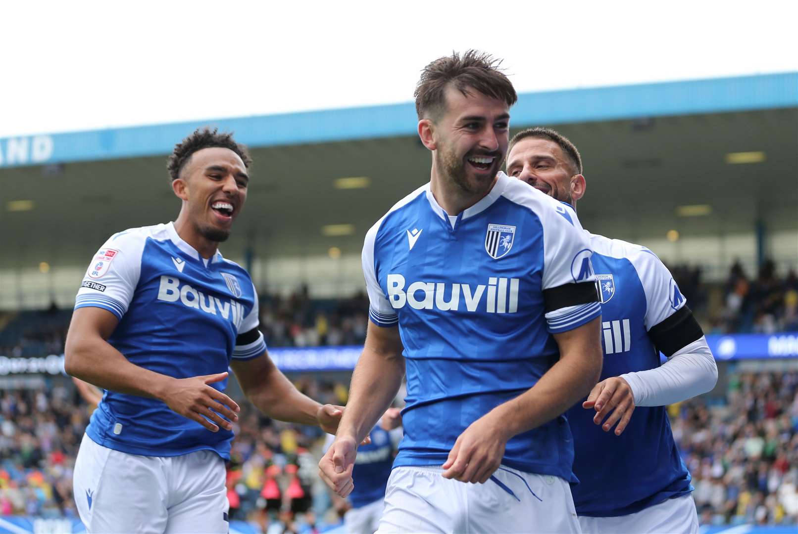 Robbie McKenzie celebrates his goal to put Gillingham 1-0 ahead against Chesterfield Picture: @Julian_KPI