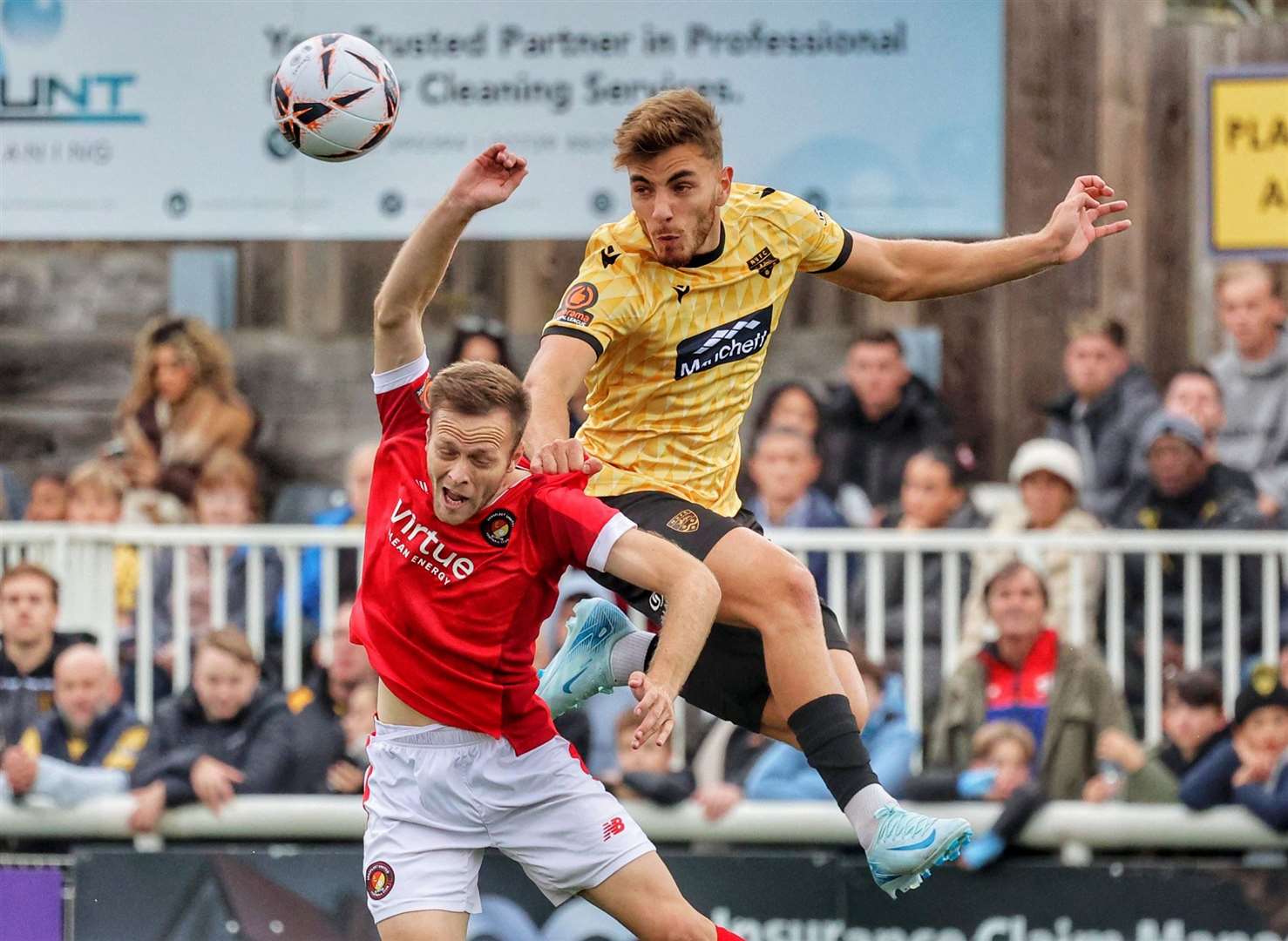 Maidstone midfielder Antony Papadopoulos wins a header. Picture: Helen Cooper