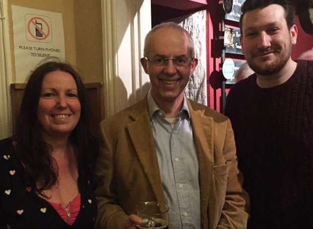 The Archbishop of Canterbury Justin Welby with Paper Mill owner Harvey Melia and his mum Marianne