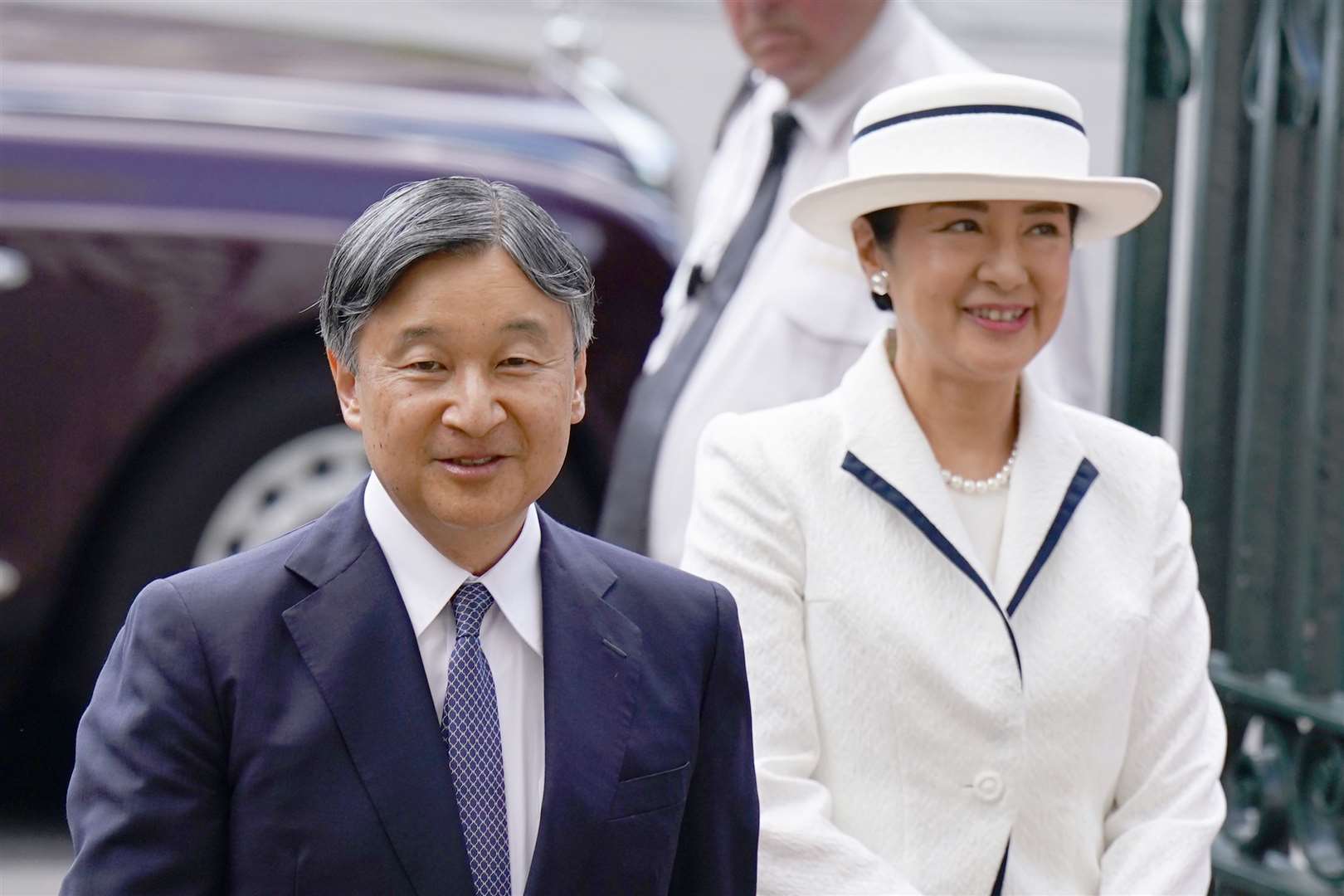 Emperor Naruhito and his wife, Empress Masako of Japan, arrive for a tour of Westminster Abbey, London (Jordan Pettitt/PA)