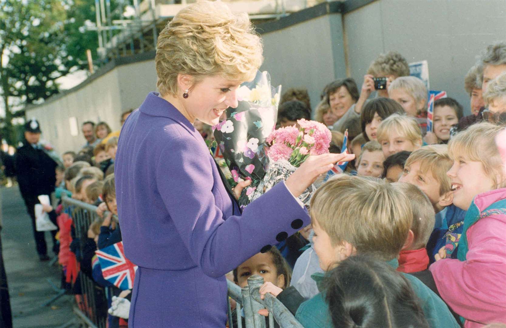 The Princess meets pupils from St Peter's School, Aylesford, outside the village's Heart of Kent Hospice, October 1992